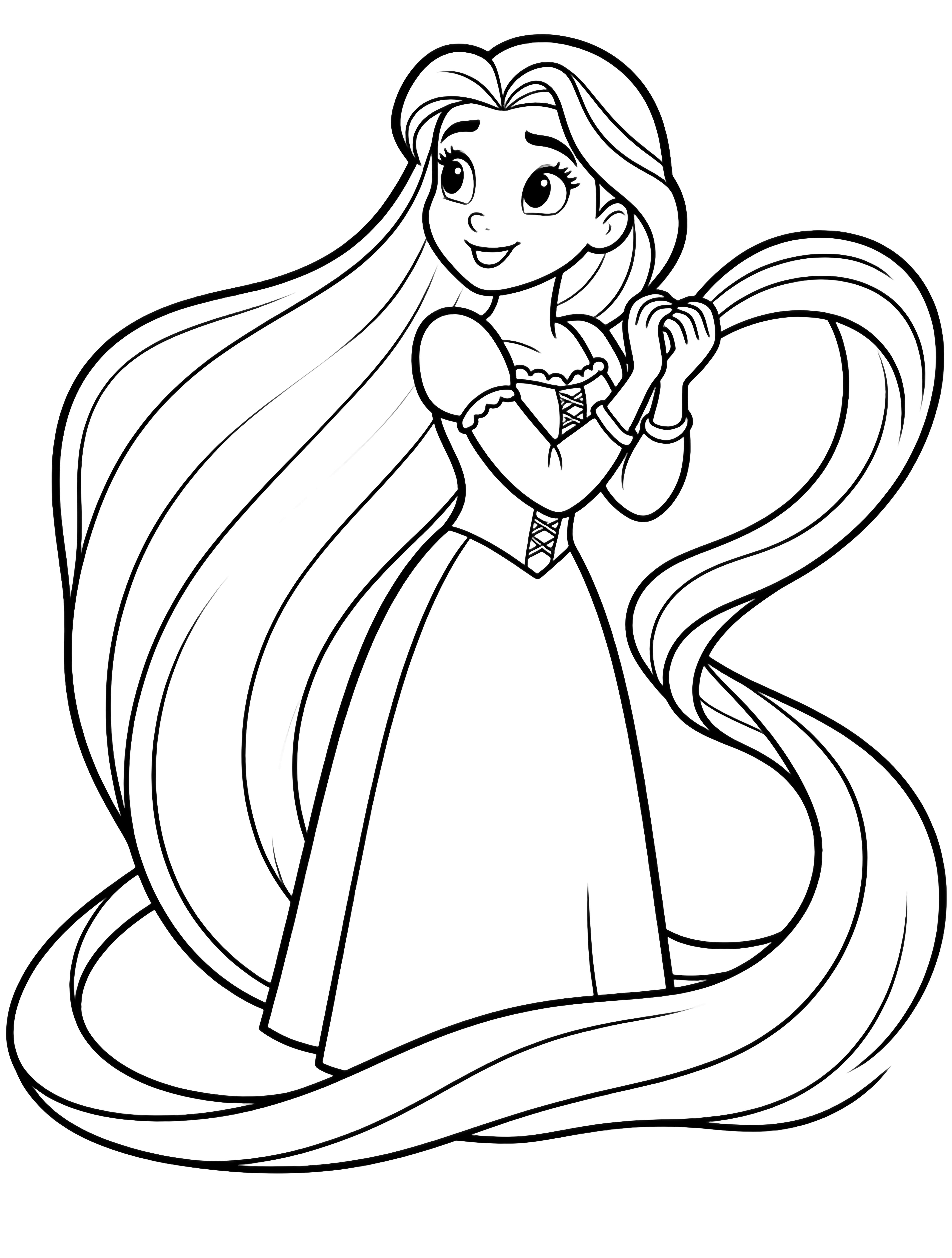 Rapunzel stands centered, gently holding her long hair that loops around her like a ribbon. kleurplaat