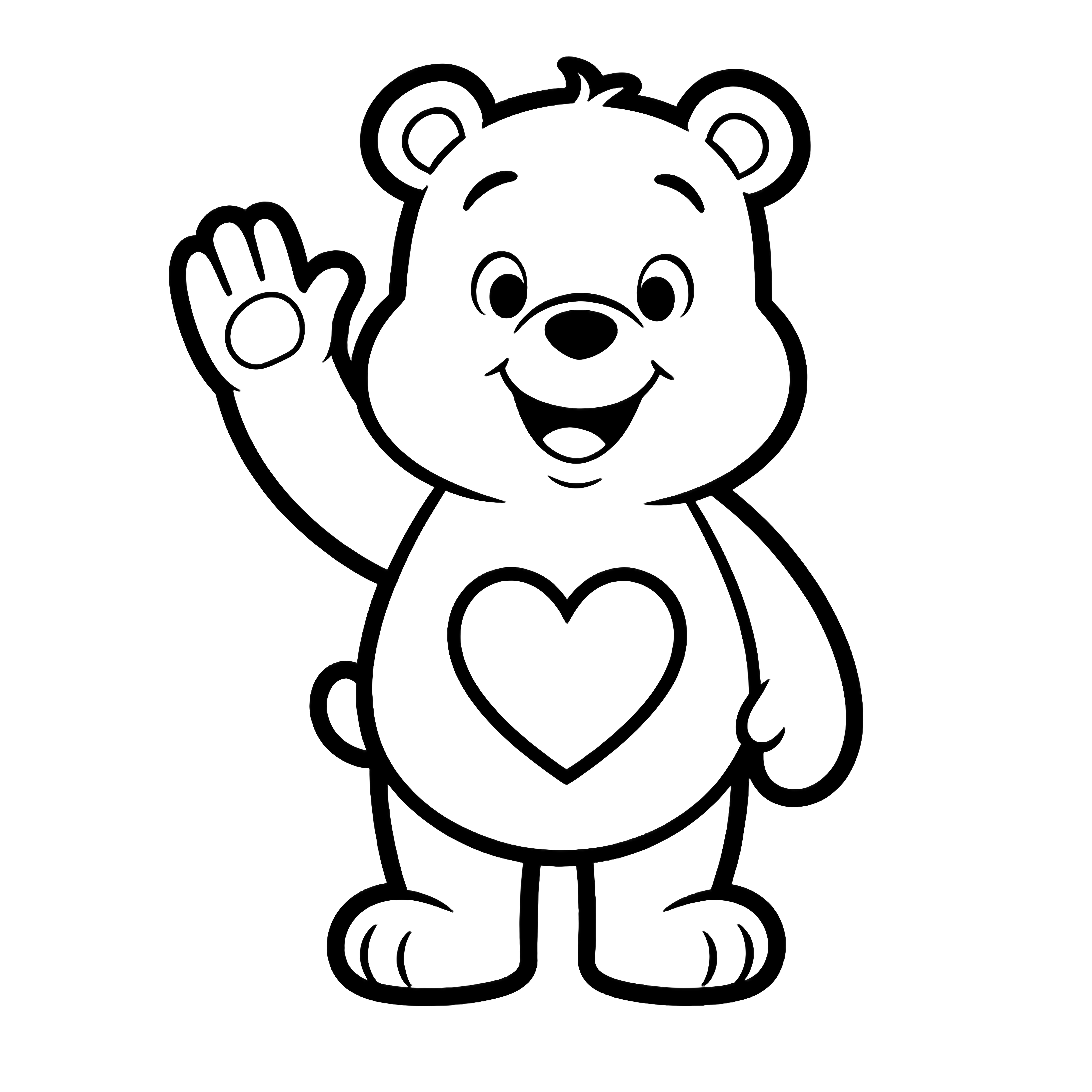 Cheer Bear staat in het midden, met één pootje opgeheven in een vriendelijk gebaar, haar buikbadge-hartje open, glimlachend. kleurplaat