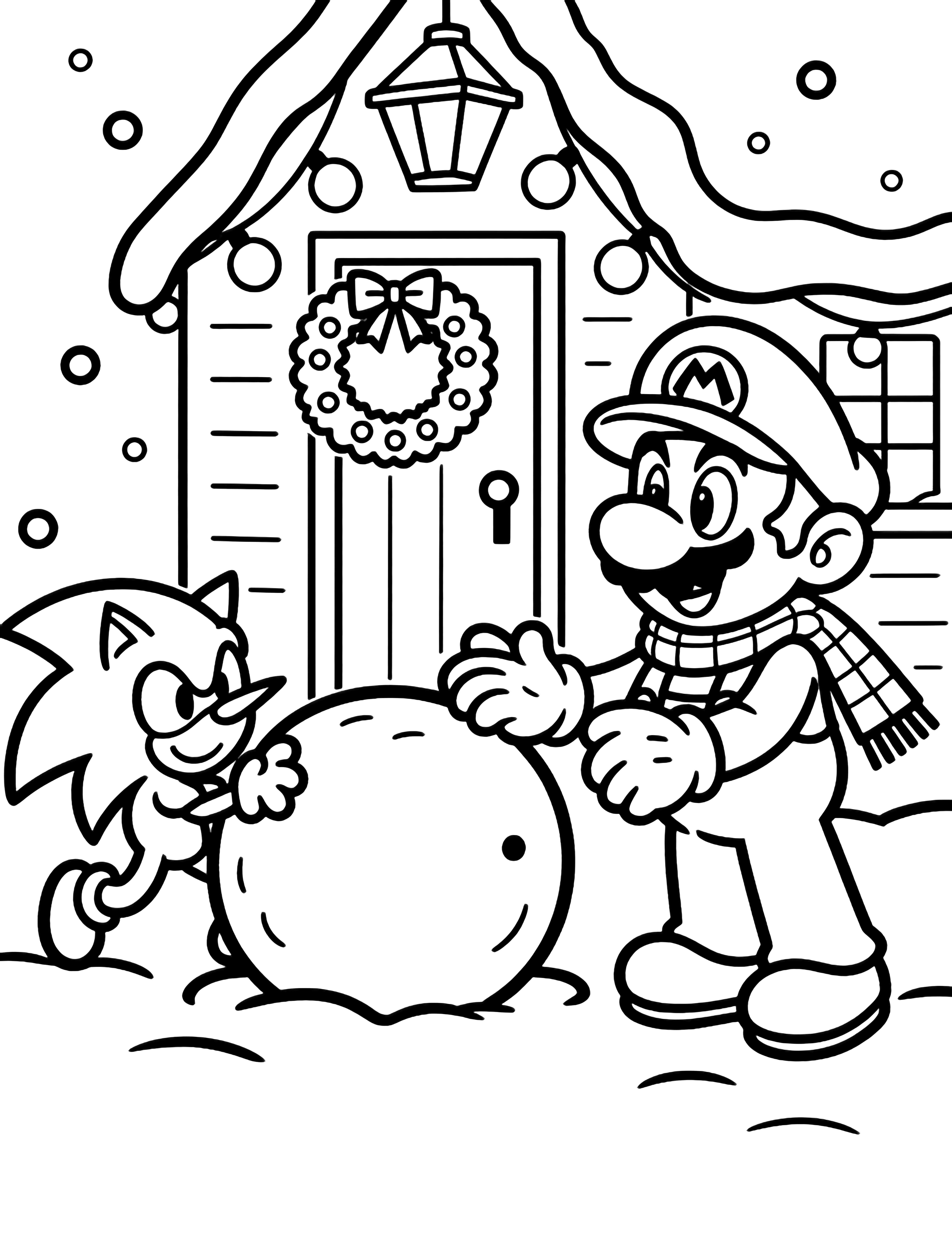 illustration on a Sonic rolls a big snowball while Mario stacks the middle; both smile at their finished snowman wearing a top hat Simple cottage behind shows hanging lights wreaths on door light snowflakes drifting clean black kleurplaat