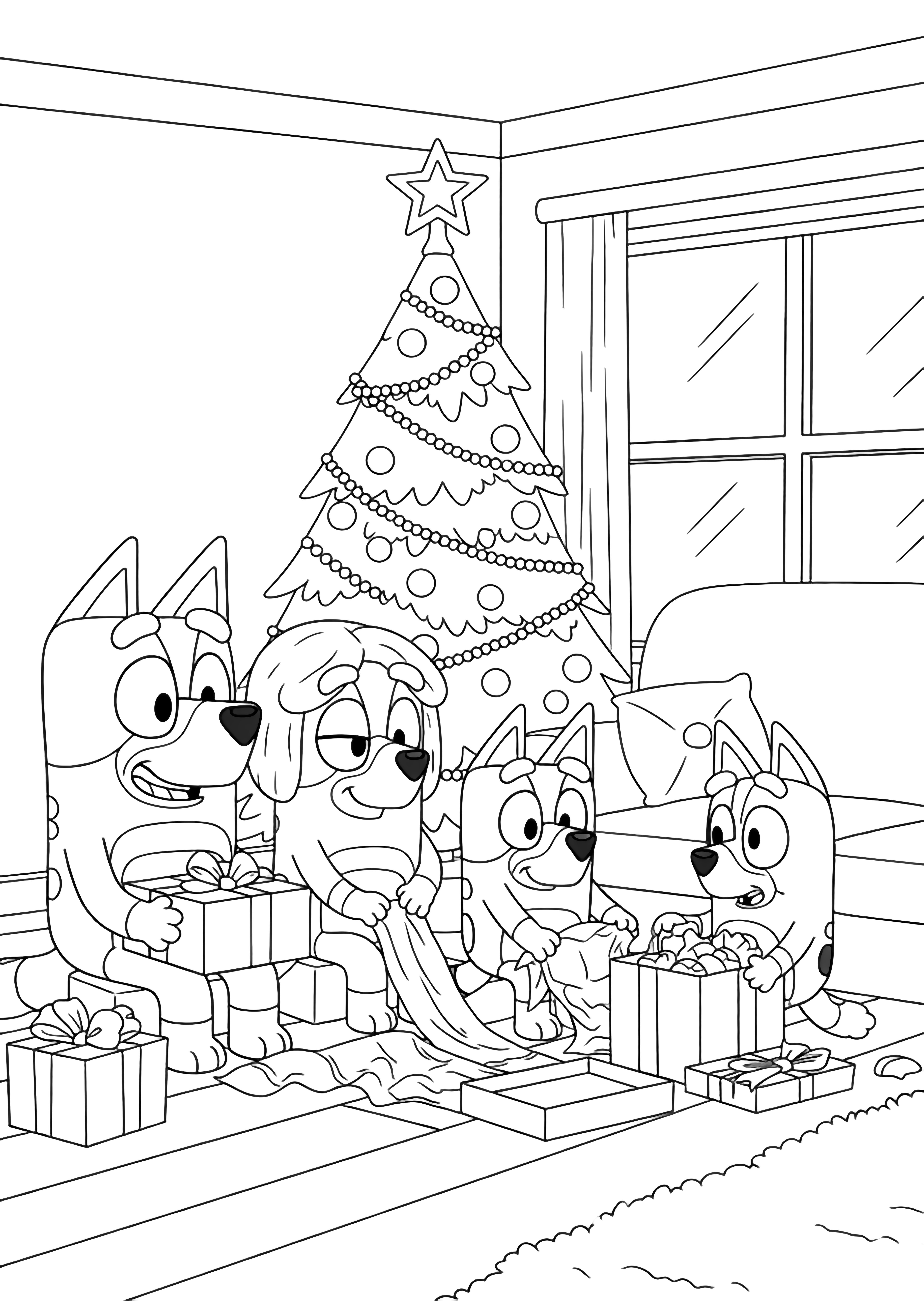 Bluey, Bingo, Bandit and Chilli sit on the floor opening presents beside a tall Christmas tree in a cozy living room. kleurplaat