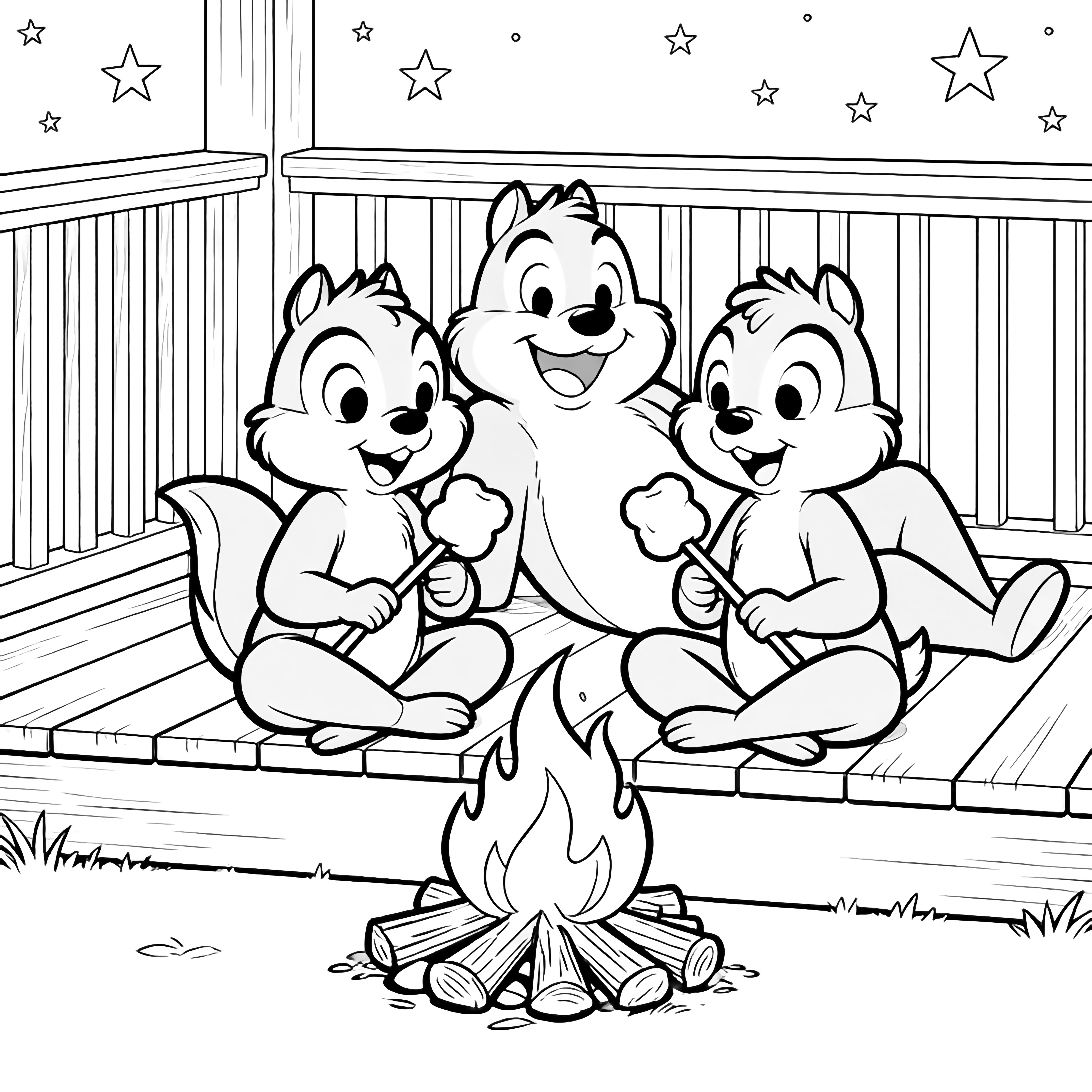 Chip and Dale sit cross-legged on a porch step, toasting marshmallows over a small campfire while Steven lounges behind them, smiling under starry skies and wooden railing. kleurplaat