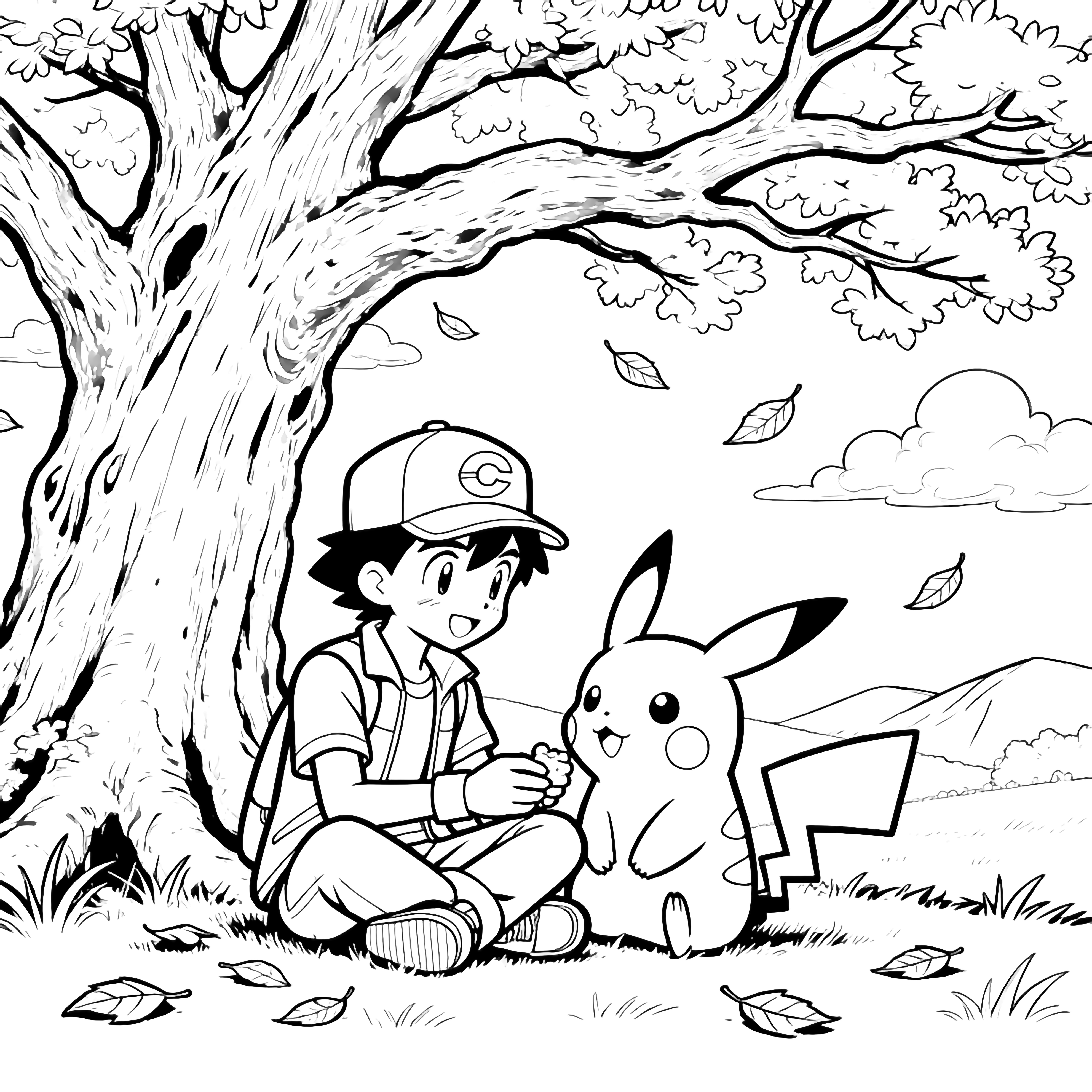 Ash en Pikachu rusten onder een brede oude boom, vallende bladeren om hen heen, terwijl ze een snack delen; eenvoudige wolken en verre heuvels op de achtergrond. kleurplaat