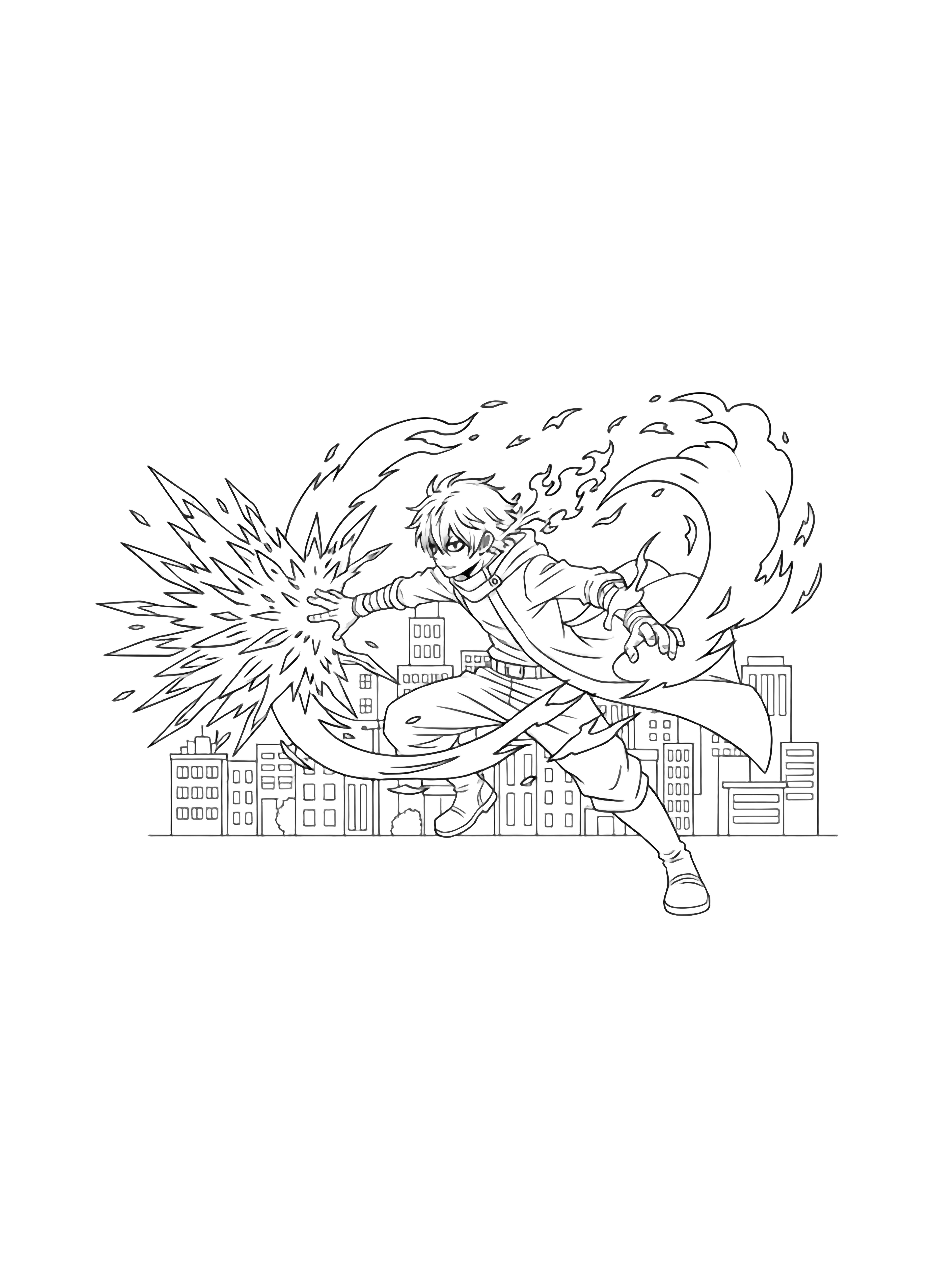 Shoto stands center-right, firing jagged ice left while flame tendrils swirl; his hair splits, coat tails flutter, simple city skyline behind. kleurplaat