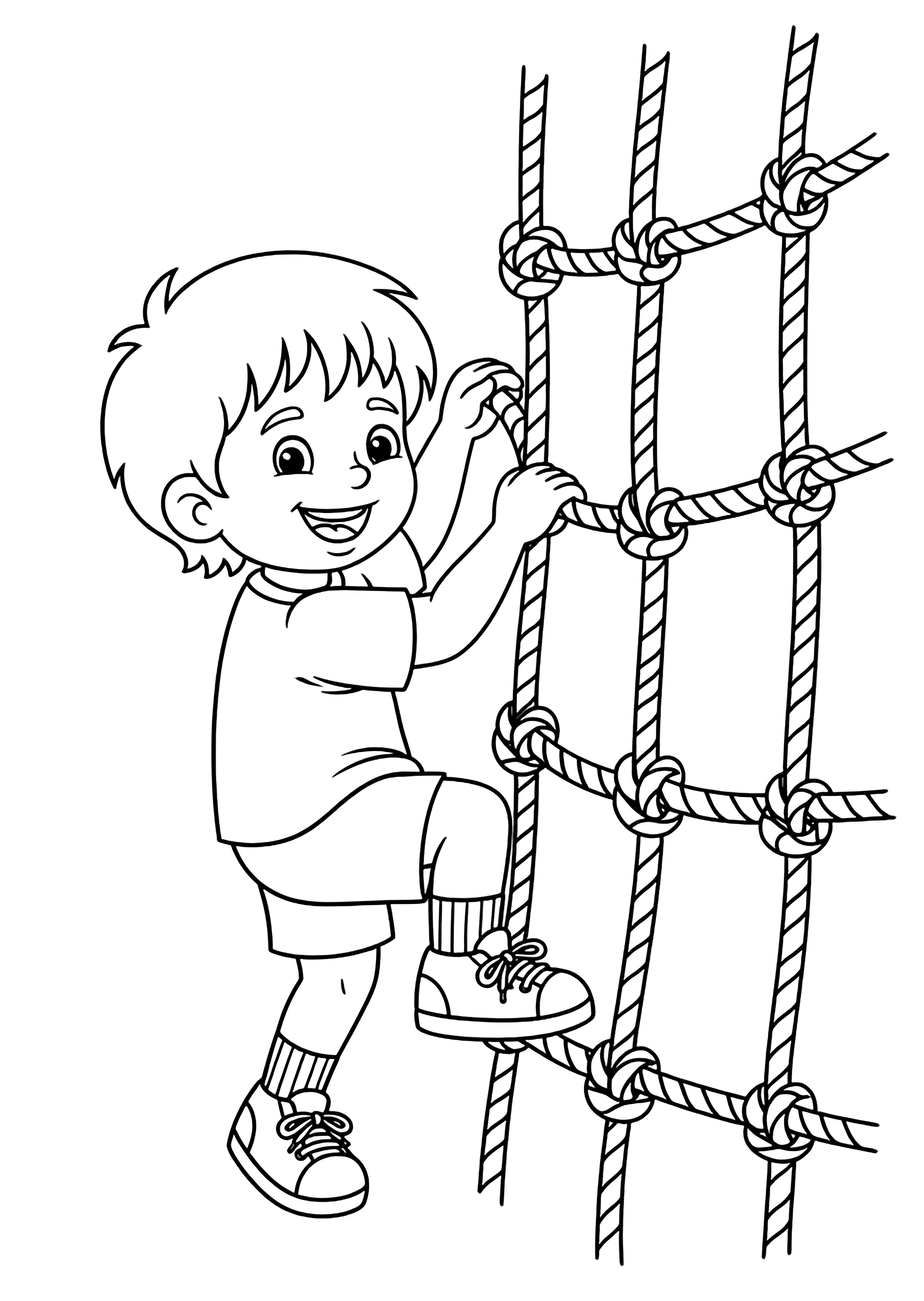 Smiling child gripping a knotted rope wall, one foot lifted, sneakers visible, surrounded by empty space kleurplaat
