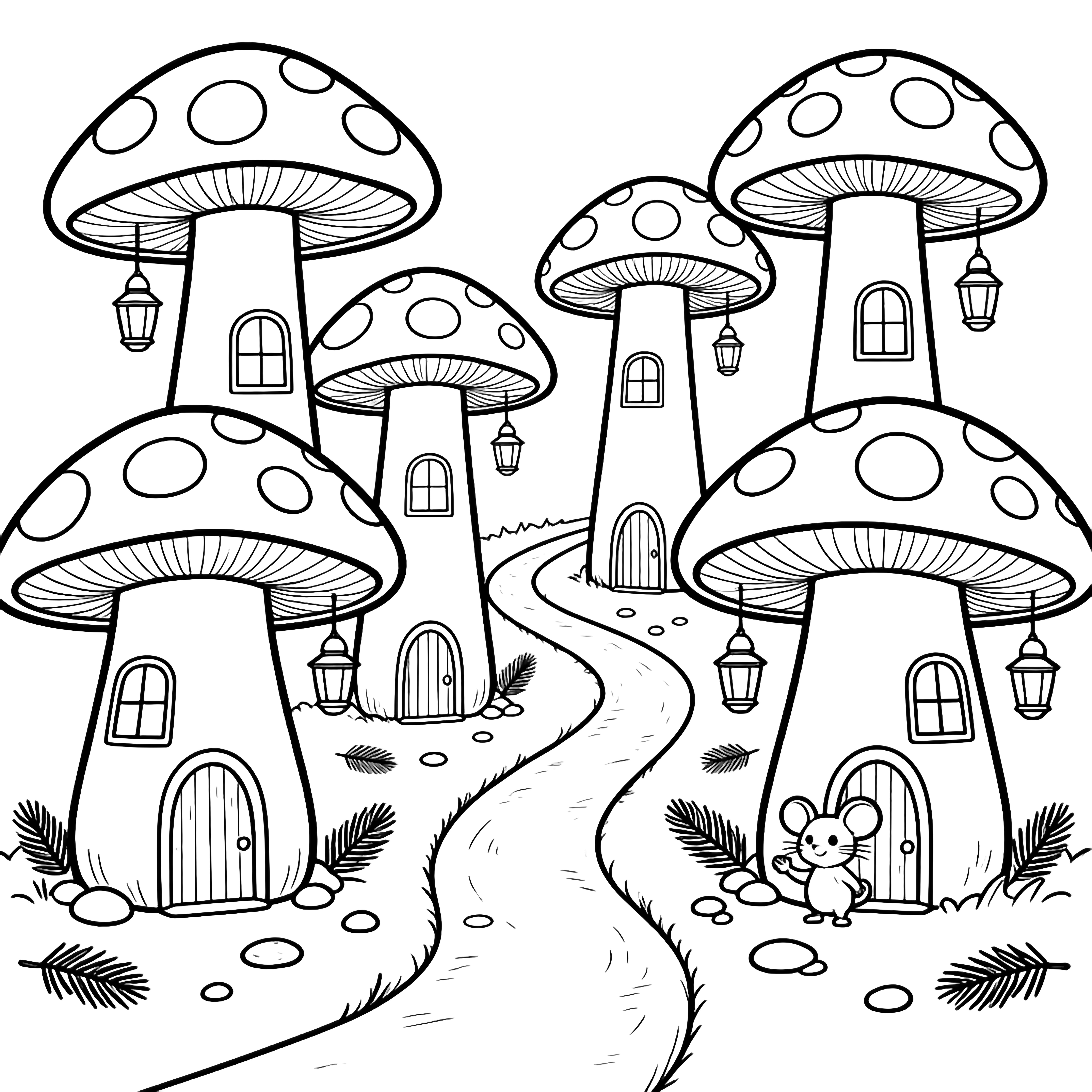 Six tall spotted toadstool houses border a winding path; tiny lanterns hang above round doors, a smiling mouse waves from one threshold, pine needles and pebbles strewn around. kleurplaat