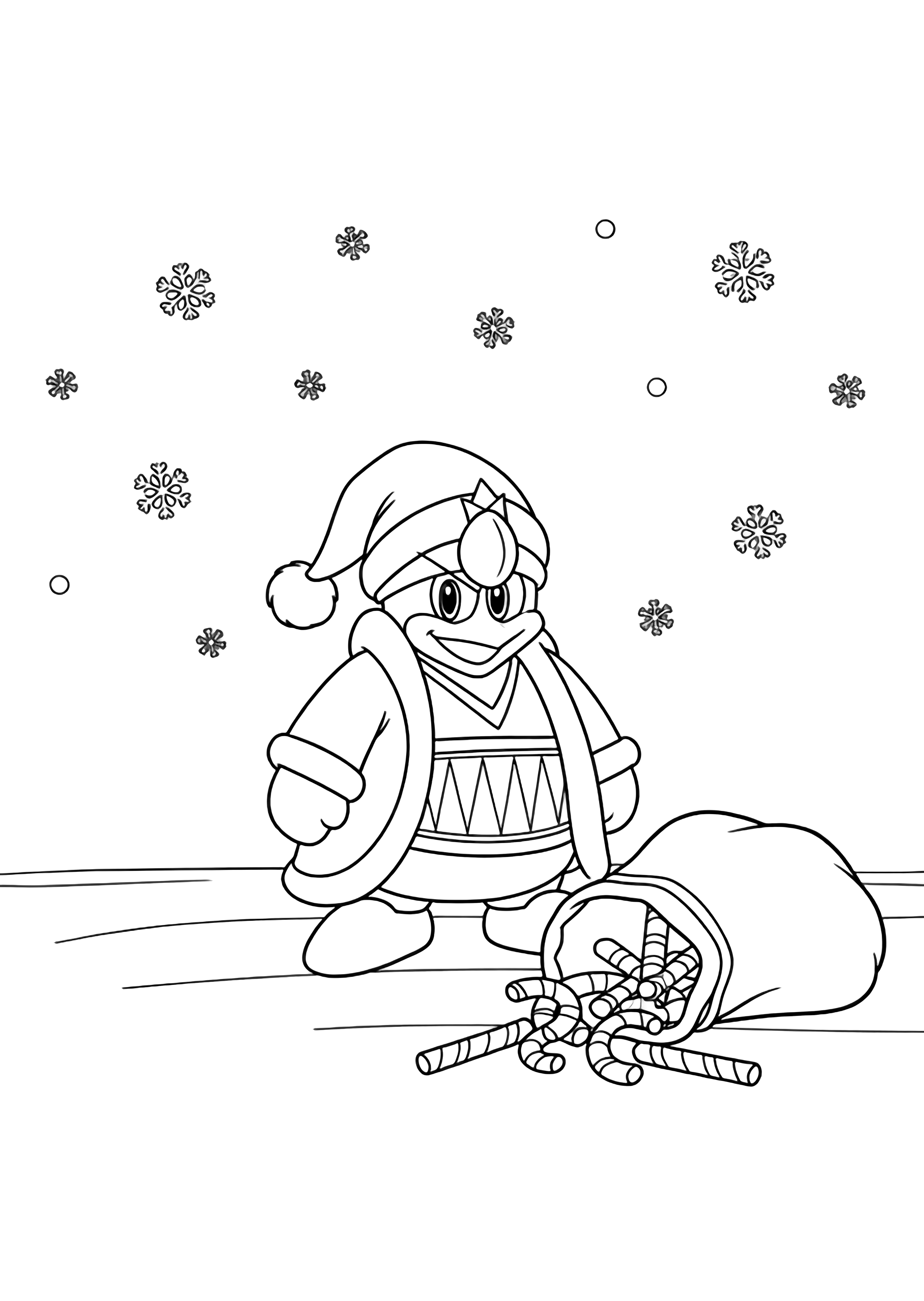 King Dedede in a floppy Santa hat holds an open sack spilling striped candy canes; cheerful Waddle Dees queue beside him while snowflakes drift above a snowy ground line. kleurplaat