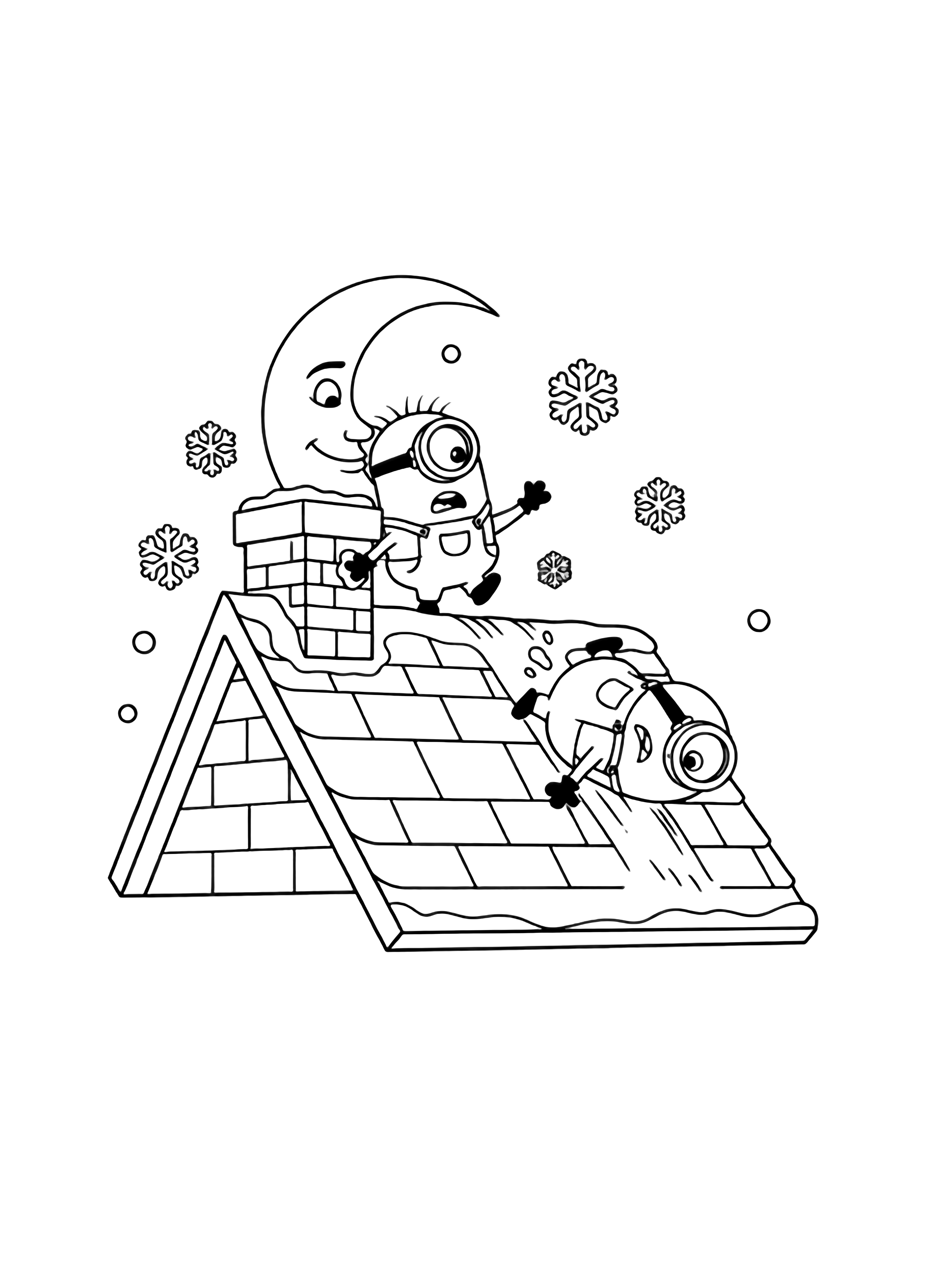 Two Minions on a snowy rooftop; one slides down the peaked roof arms flailing, the other stands by the chimney lifting a boot to the bricks; drifting snowflakes and a smiling moon behind. kleurplaat