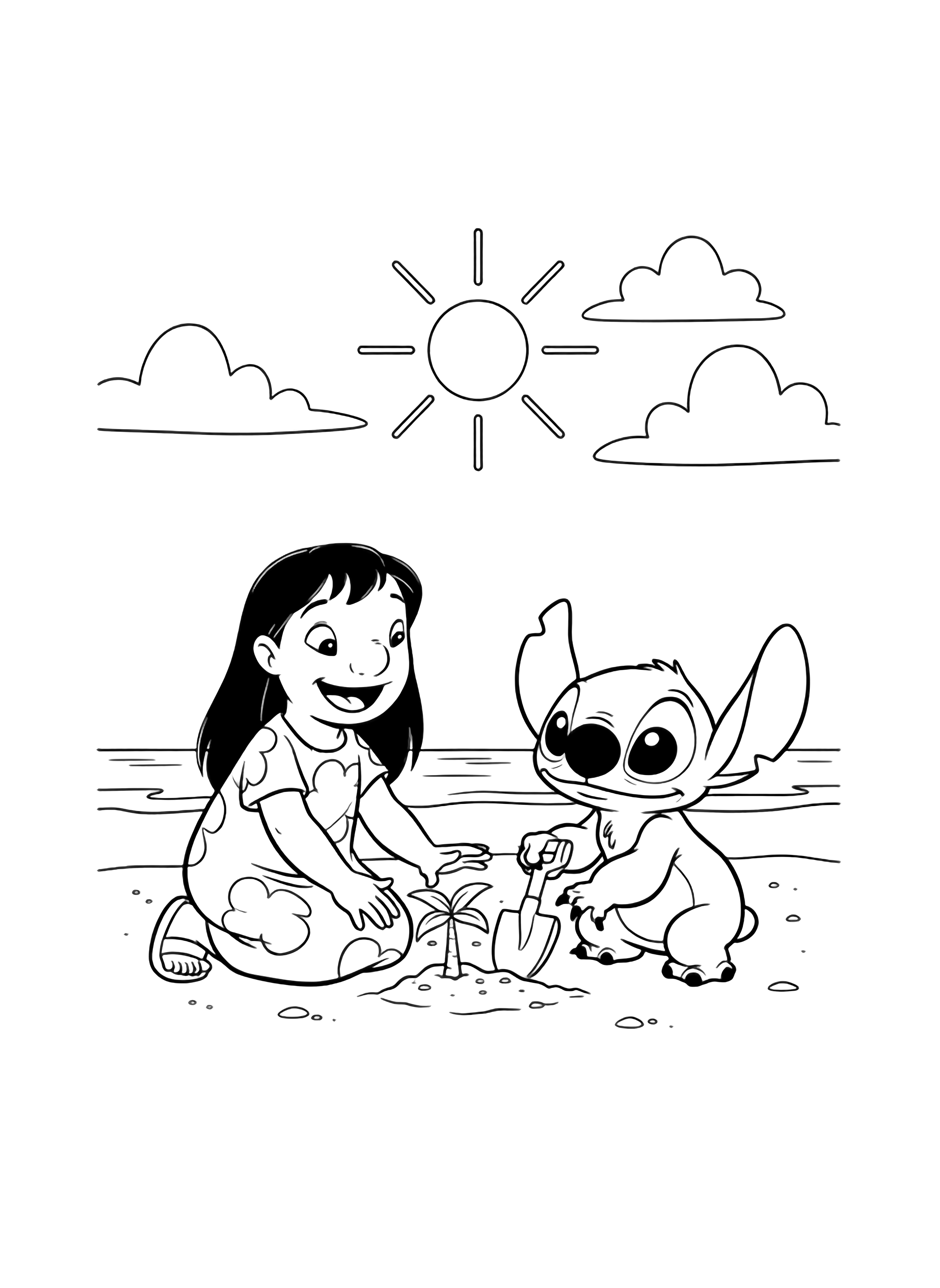illustration on a Lilo kneels left big smile hands patting soil around a tiny palm; Stitch crouches right holding a toy shovel; simple sand patch rounded sun upper center three fluffy clouds distant shoreline horizon clean bold outlines everywhere inviting clean black kleurplaat