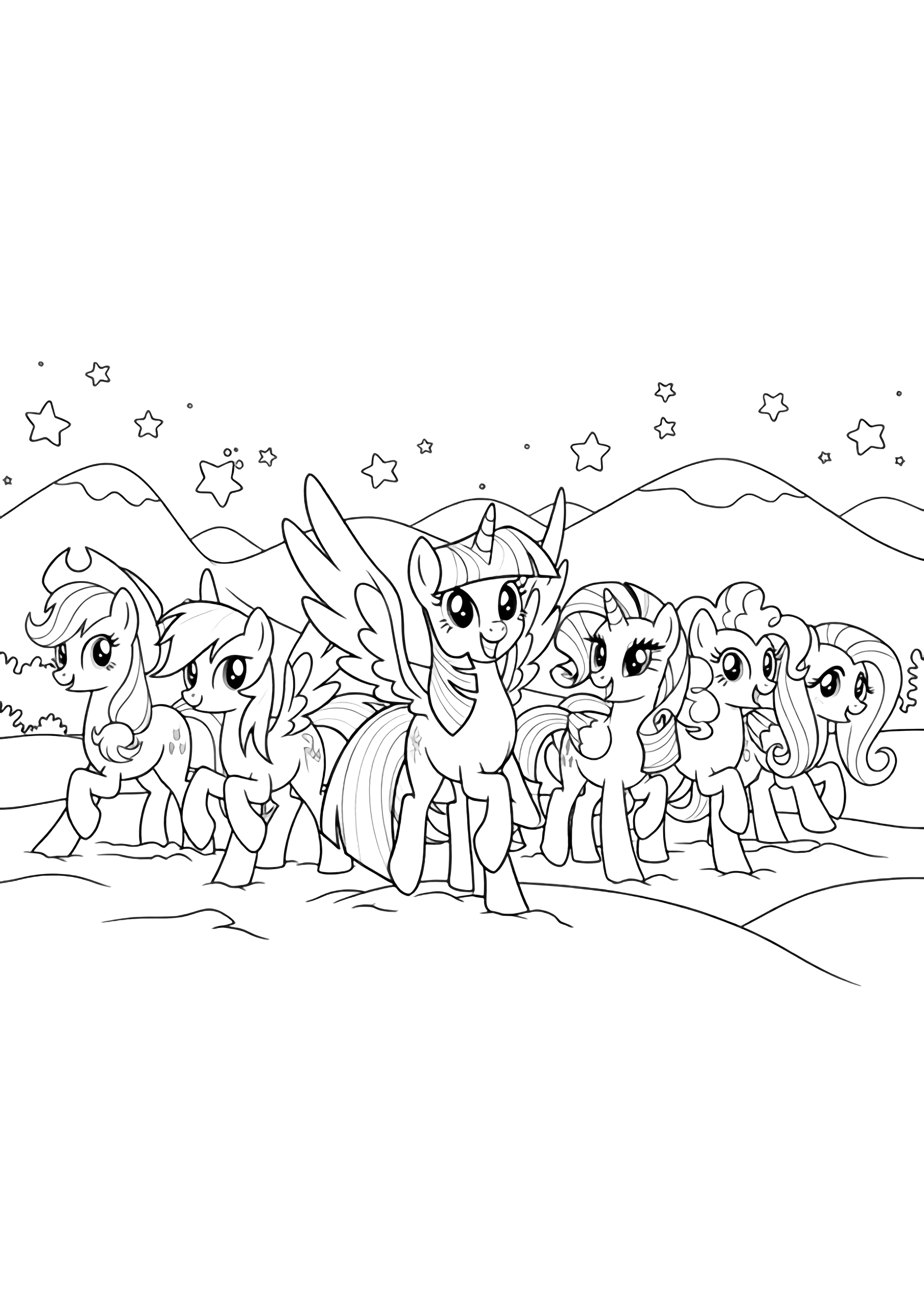 illustration on a Twilight Sparkle and five pony friends prance in open snowy meadow; simple stars above gentle hills behind fluffy snow mounds smiling faces flowing manes large bold outlines white spaces for clean black kleurplaat