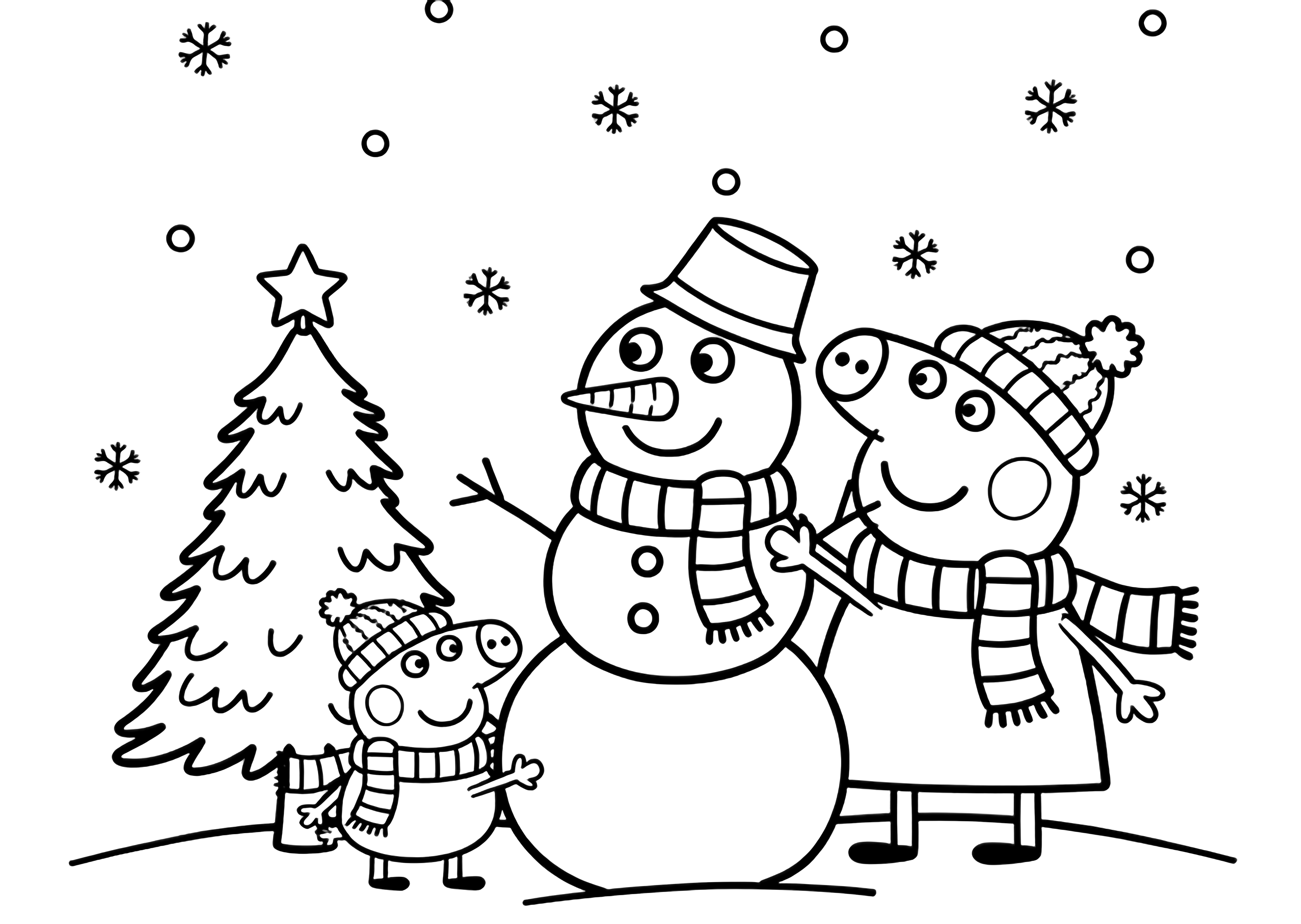 illustration on a Peppa Pig and George in scarves and hats stack three snowballs into a smiling snowman; a small star topped tree stands nearby snowflakes drifting around them everything outlined in bold black on white for easy clean black kleurplaat