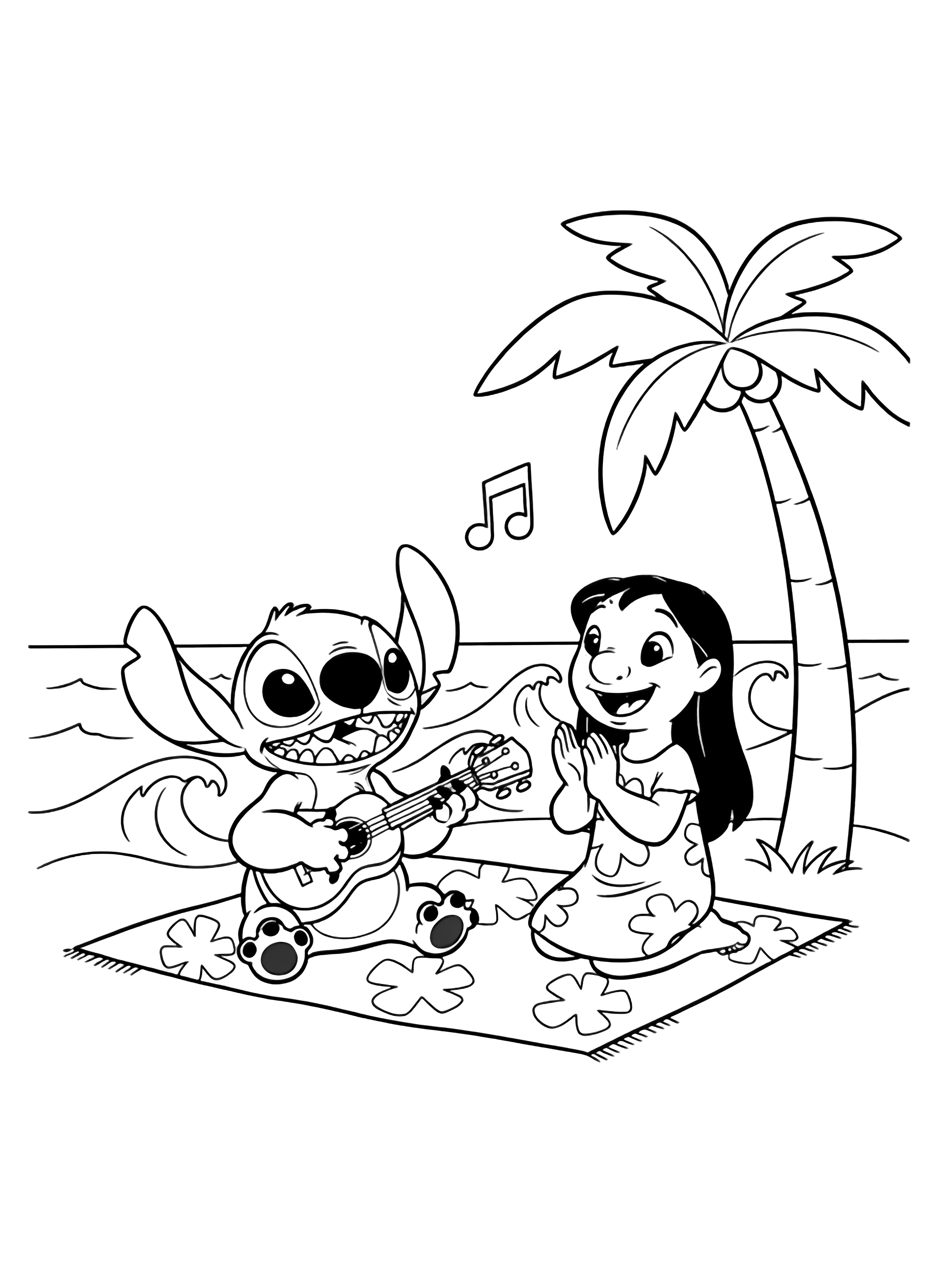 illustration on a Stitch sits cross legged on a beach mat strumming a small ukulele; Lilo kneels beside him clapping happily Simple waves a palm trunk and a drifting music note outline frame the cheerful pair clean black kleurplaat