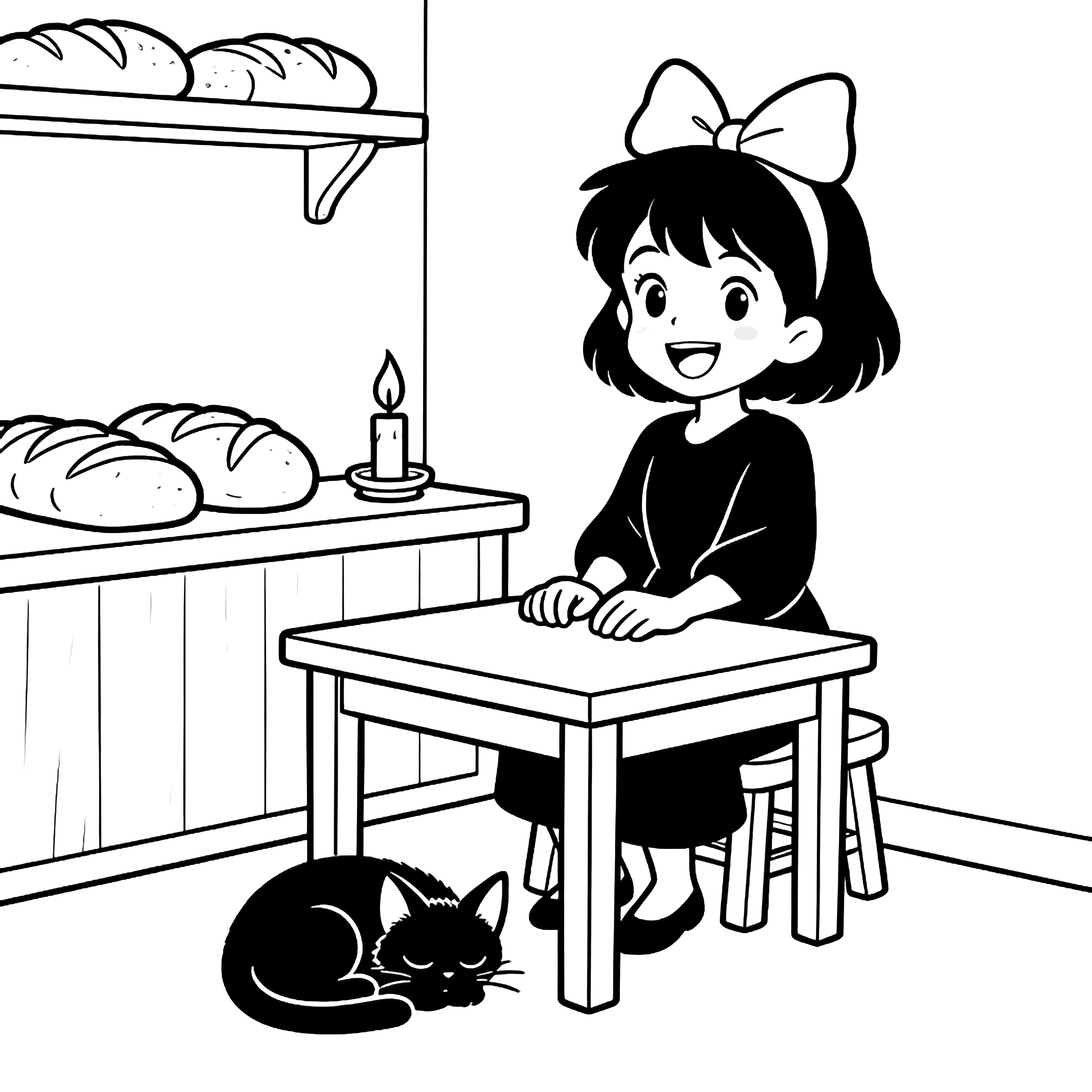 Kiki smiles at a bakery table, loaves cooling nearby; Jiji naps at her feet, candle flickers, checked wall behind. kleurplaat