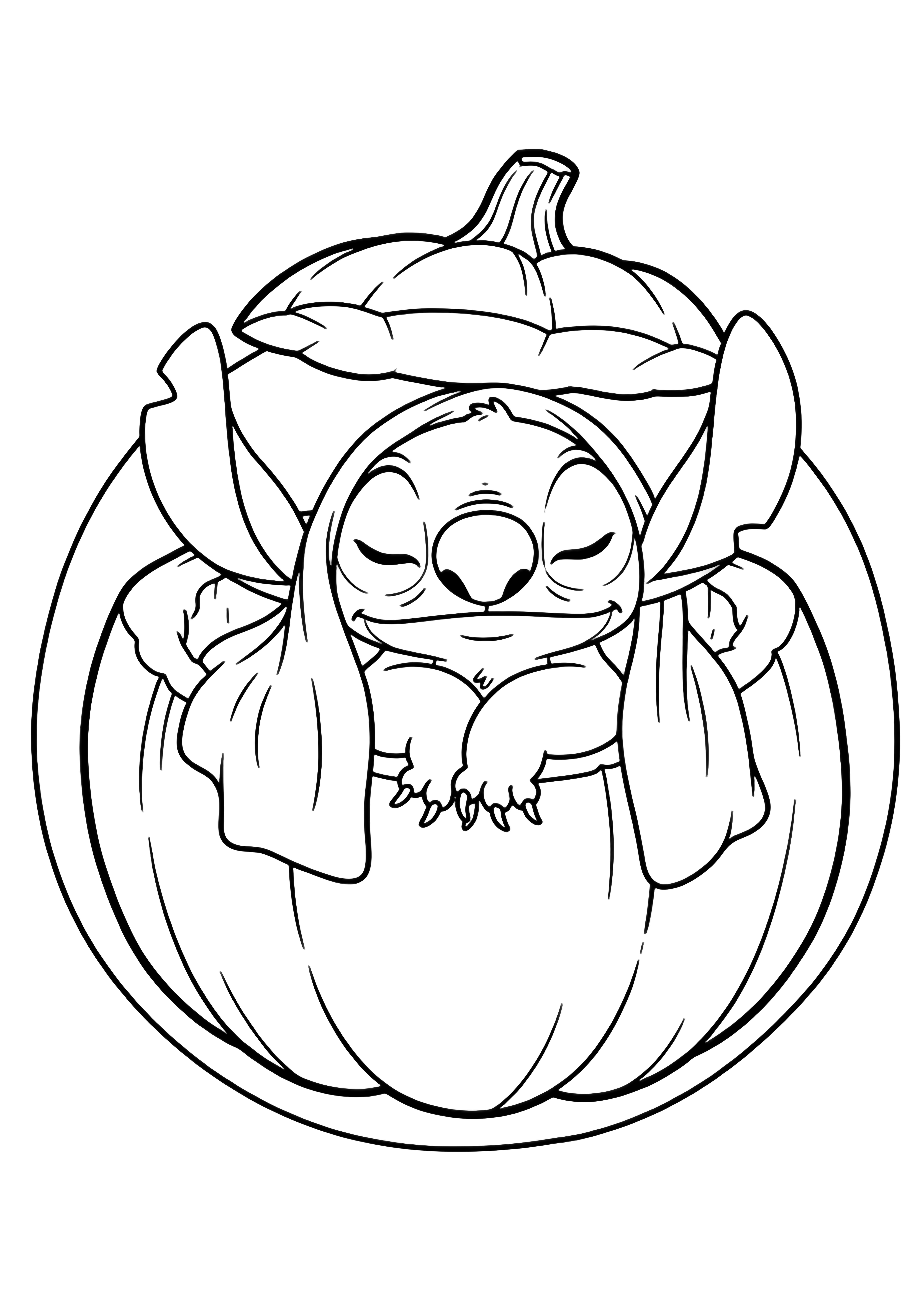 Stitch curled up asleep inside a hollow pumpkin, blanket tucked over him, eyes closed, smiling peacefully. kleurplaat