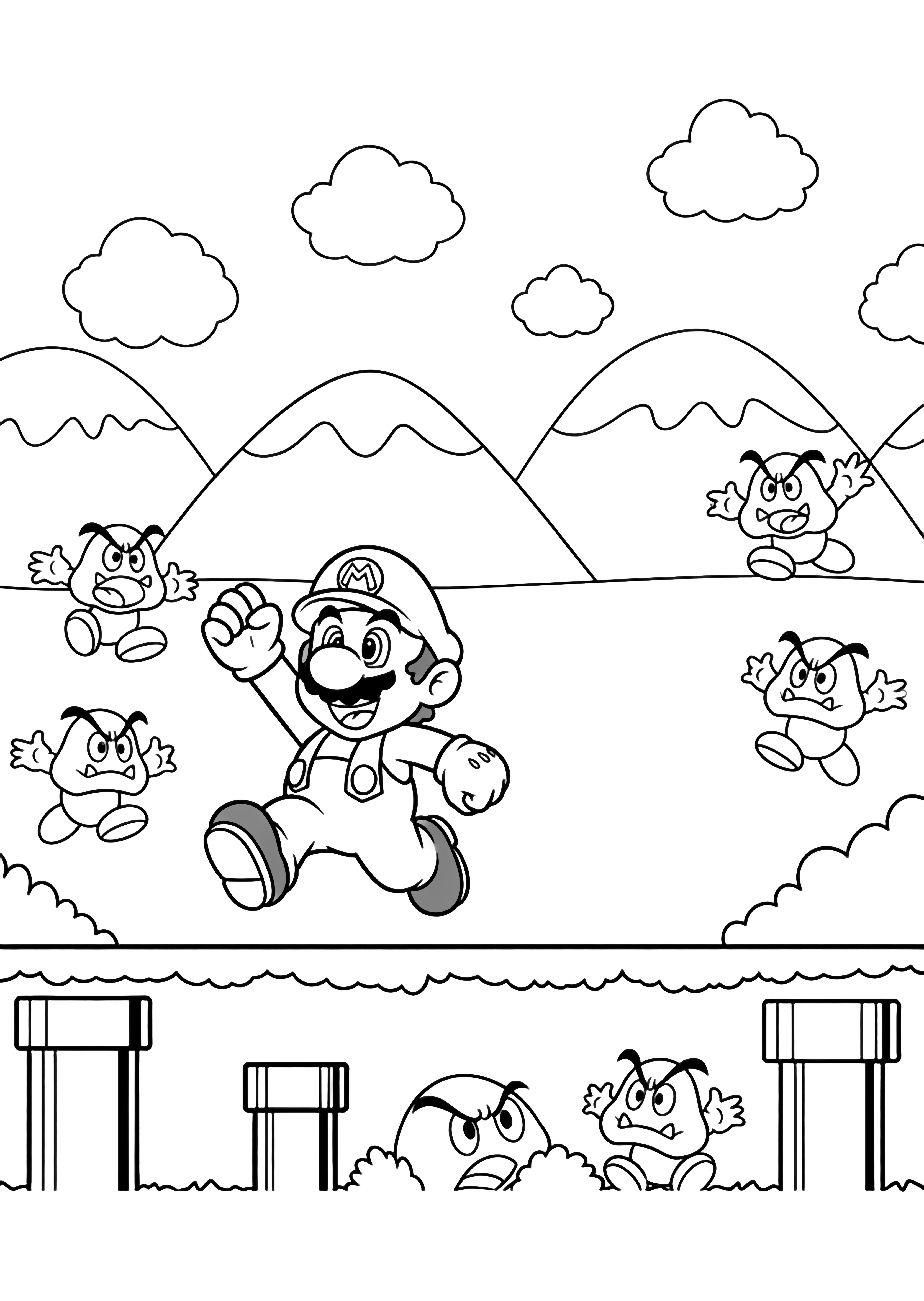 Two smiling brothers dash side-by-side, arms up, past ground lines, low pipes, and cheerful Goombas with open mouths, all framed by fluffy cloud outlines and distant hills. kleurplaat