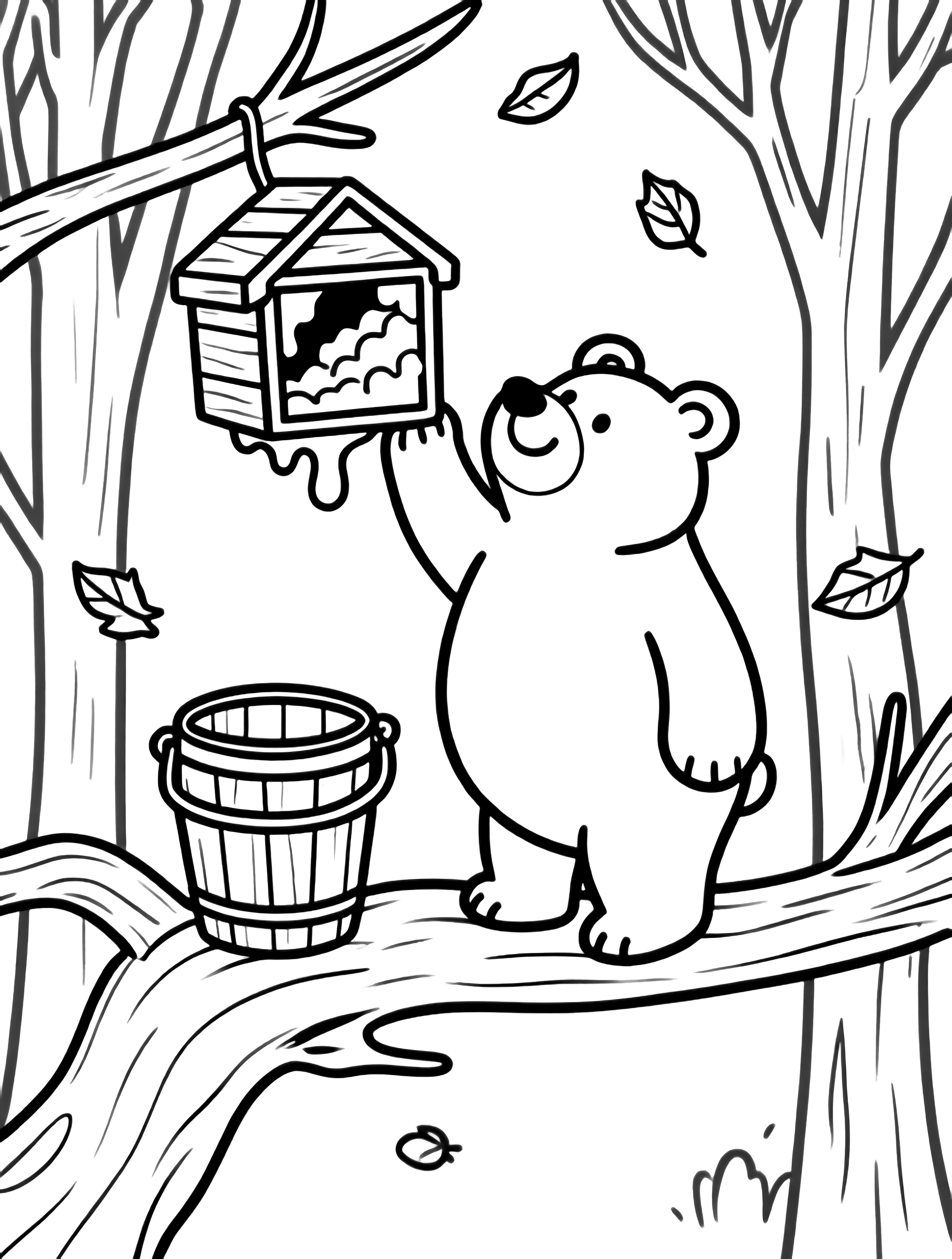 Cheerful bear on a branch reaching into a dripping hive above a wooden pail, framed by bare trees and drifting leaves. kleurplaat