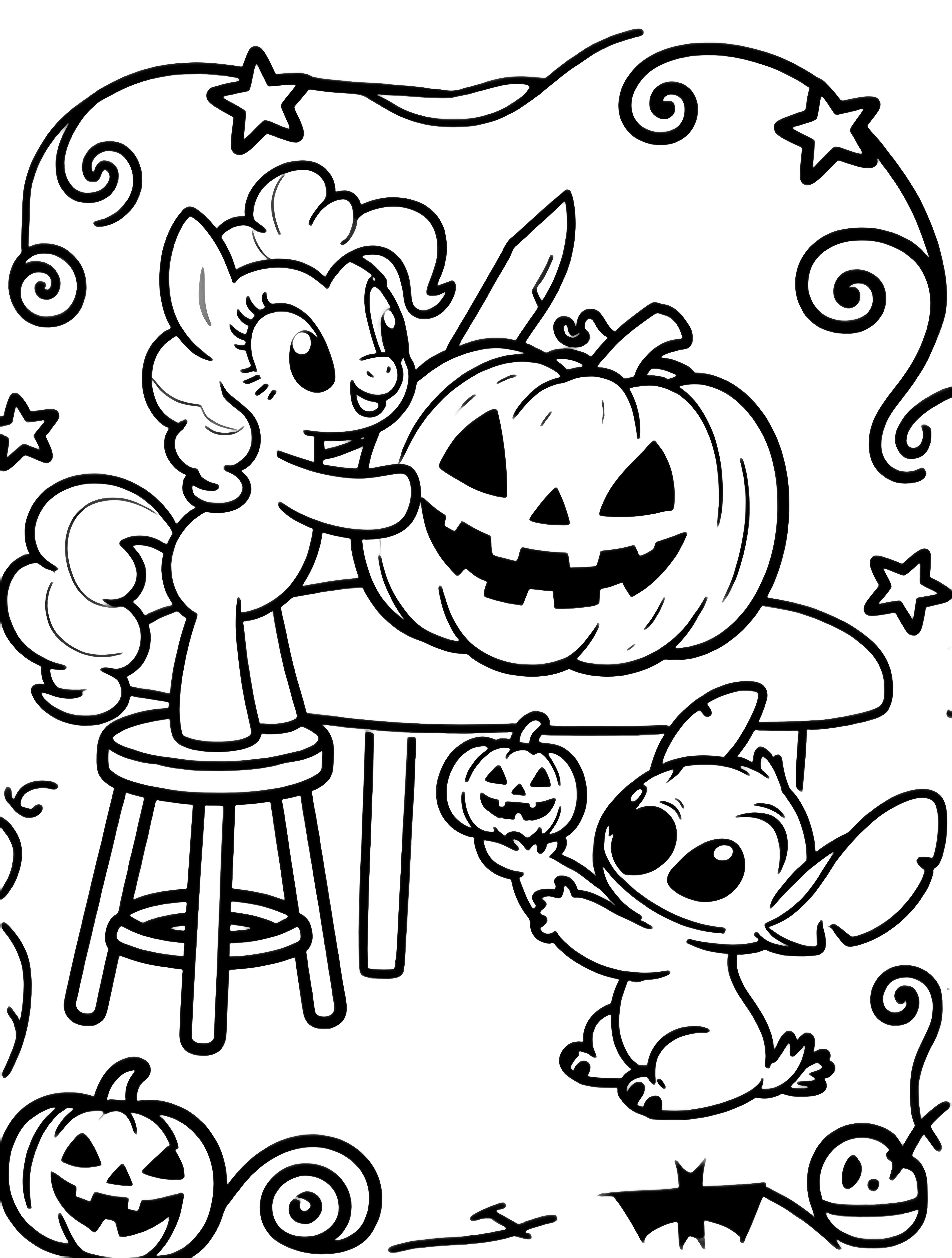 Pinkie Pie stands on a stool hugging a huge pumpkin; Stitch kneels beside her holding a tiny pumpkin and a friendly knife, framed by jack-o-lanterns and swirling stars. kleurplaat