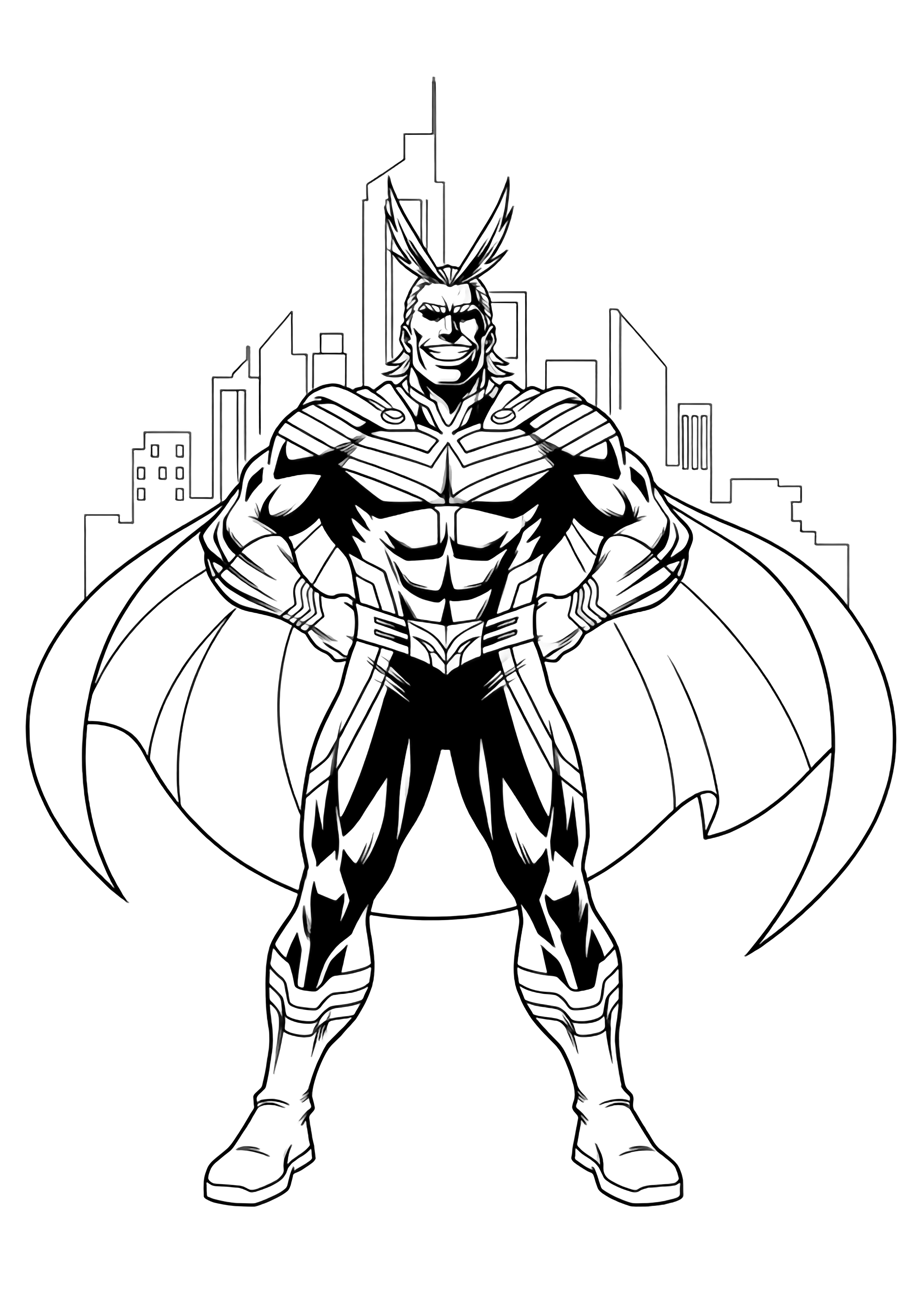 All Might stands heroically, fists on hips, cape billowing, wide triumphant grin, simple city skyline behind. kleurplaat