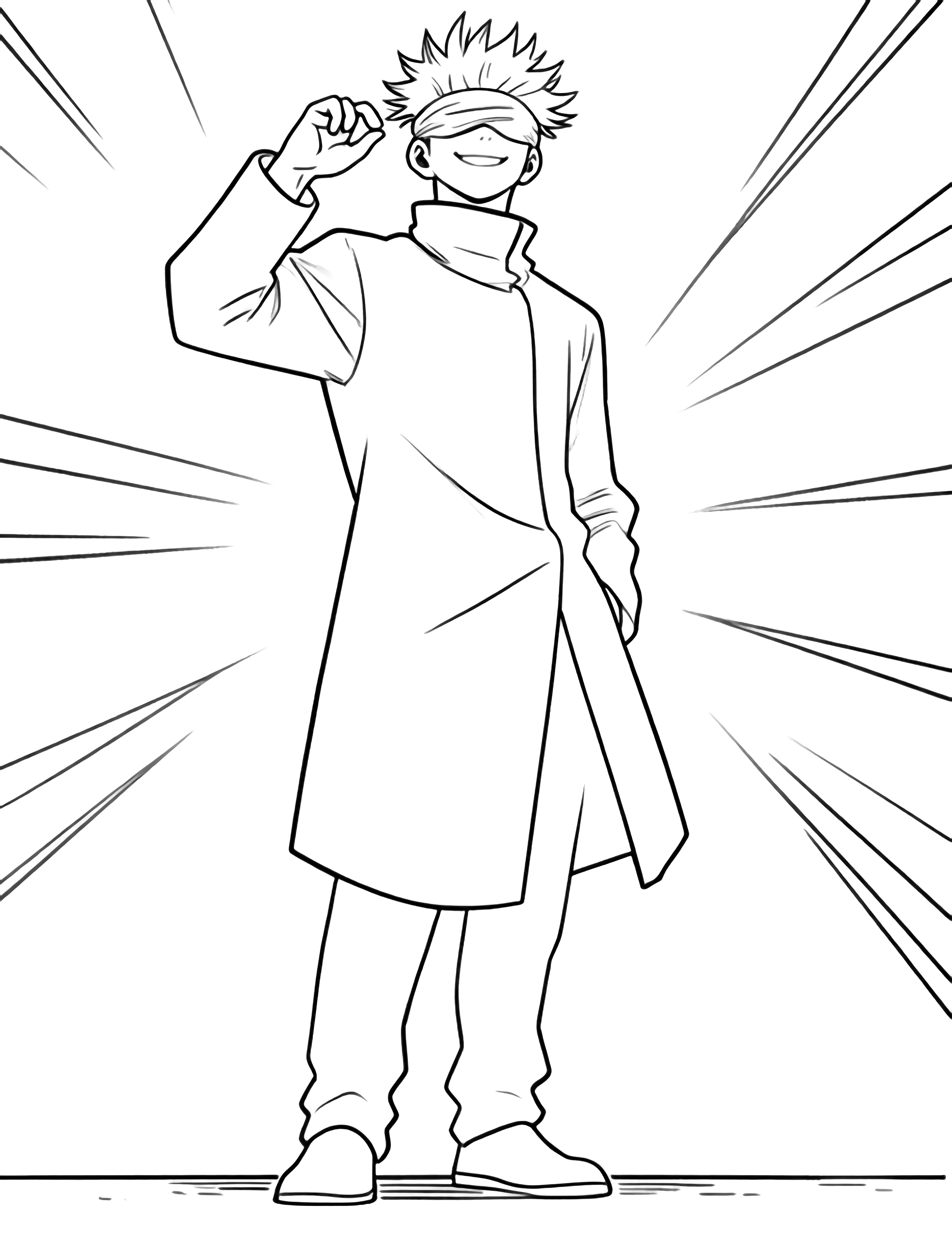 Gojo lifts his blindfold, calm smile, spiky hair and open coat; speed lines radiate behind him, simple ground line, blank background. kleurplaat