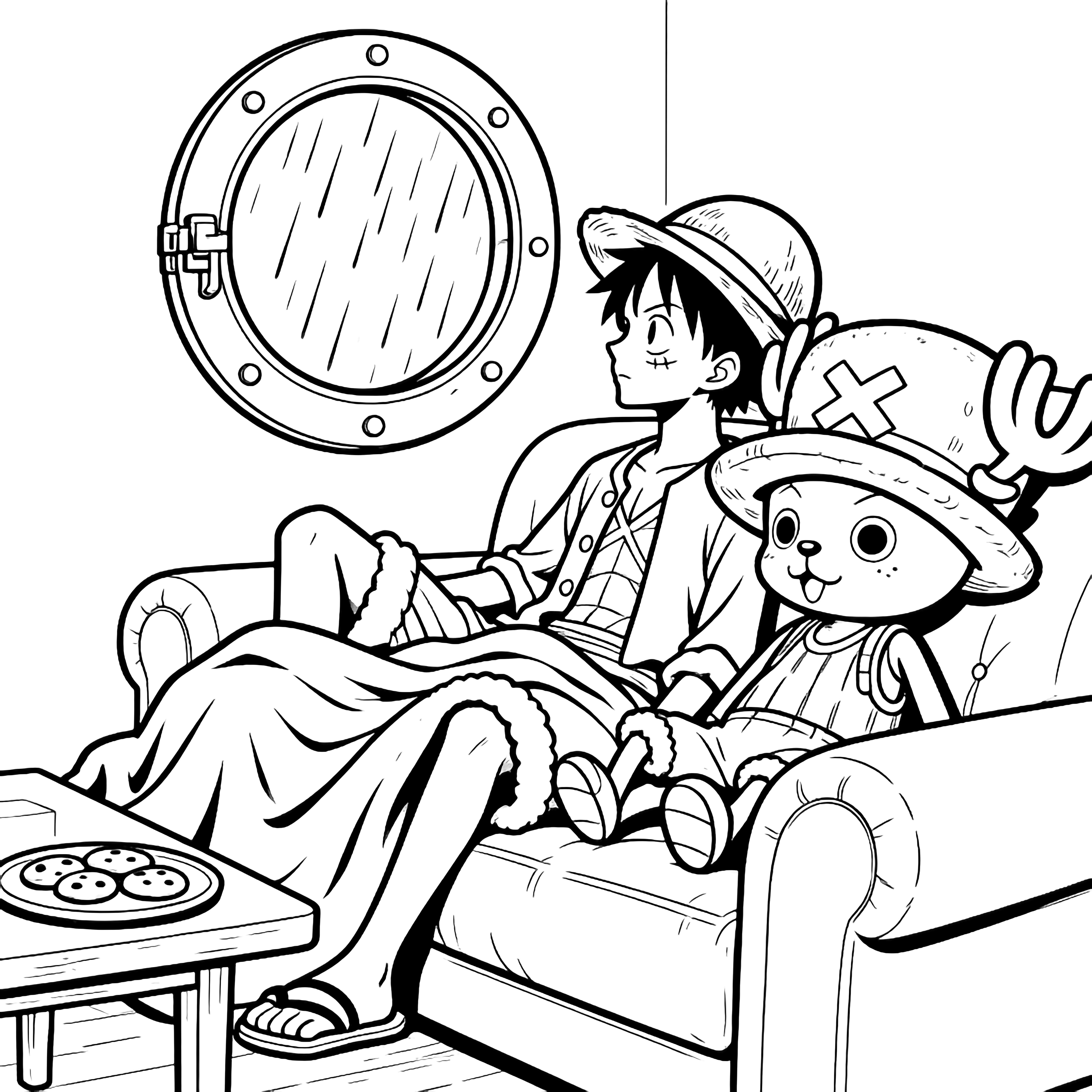 Luffy and Chopper sit together on a sofa, watching rain through a round porthole; a blanket covers their legs and a plate of cookies sits on a small side table. kleurplaat