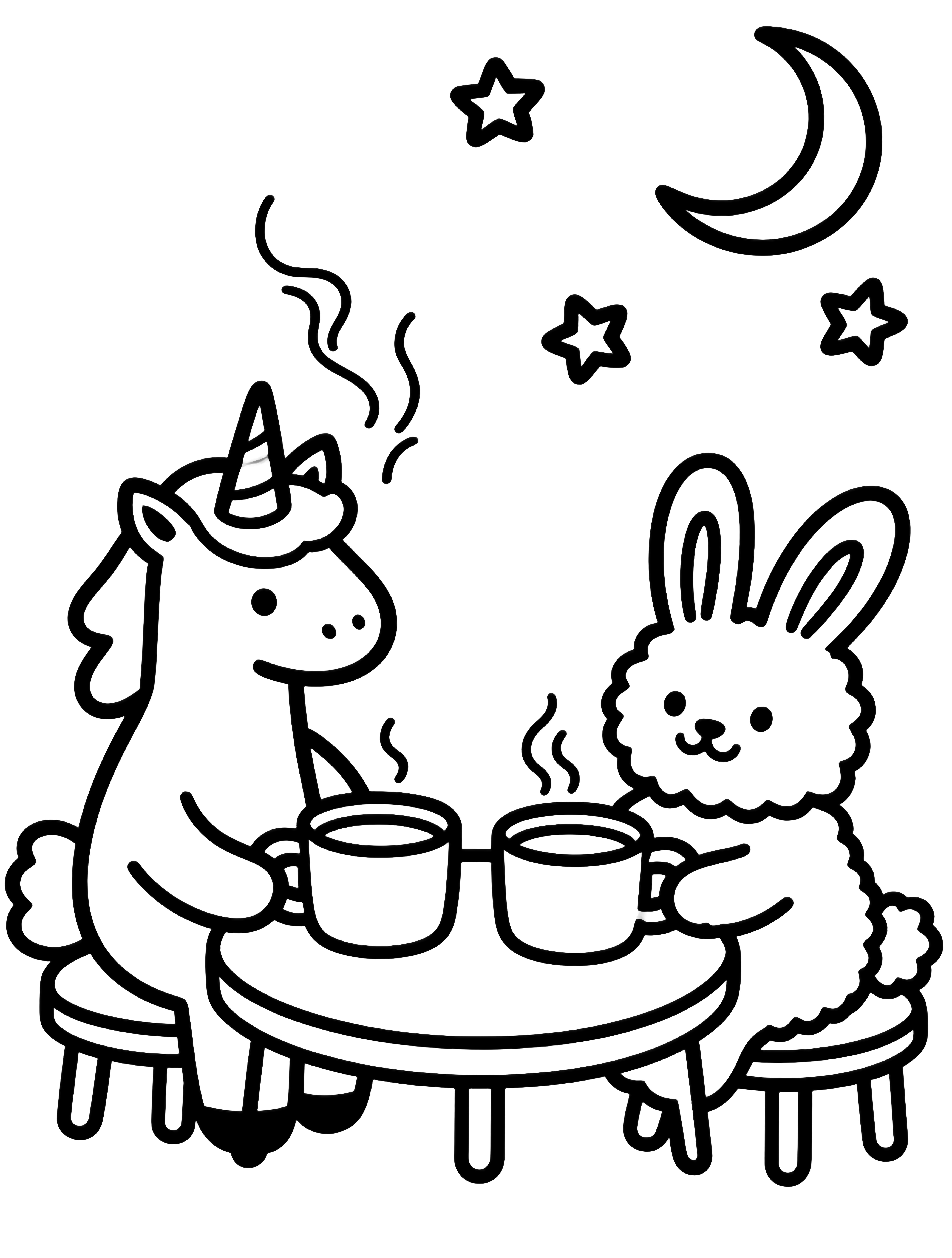 A smiling unicorn and a fluffy bunny sit at a small table, sharing a large mug of hot chocolate with steam swirls, stars, and a crescent moon behind them. kleurplaat