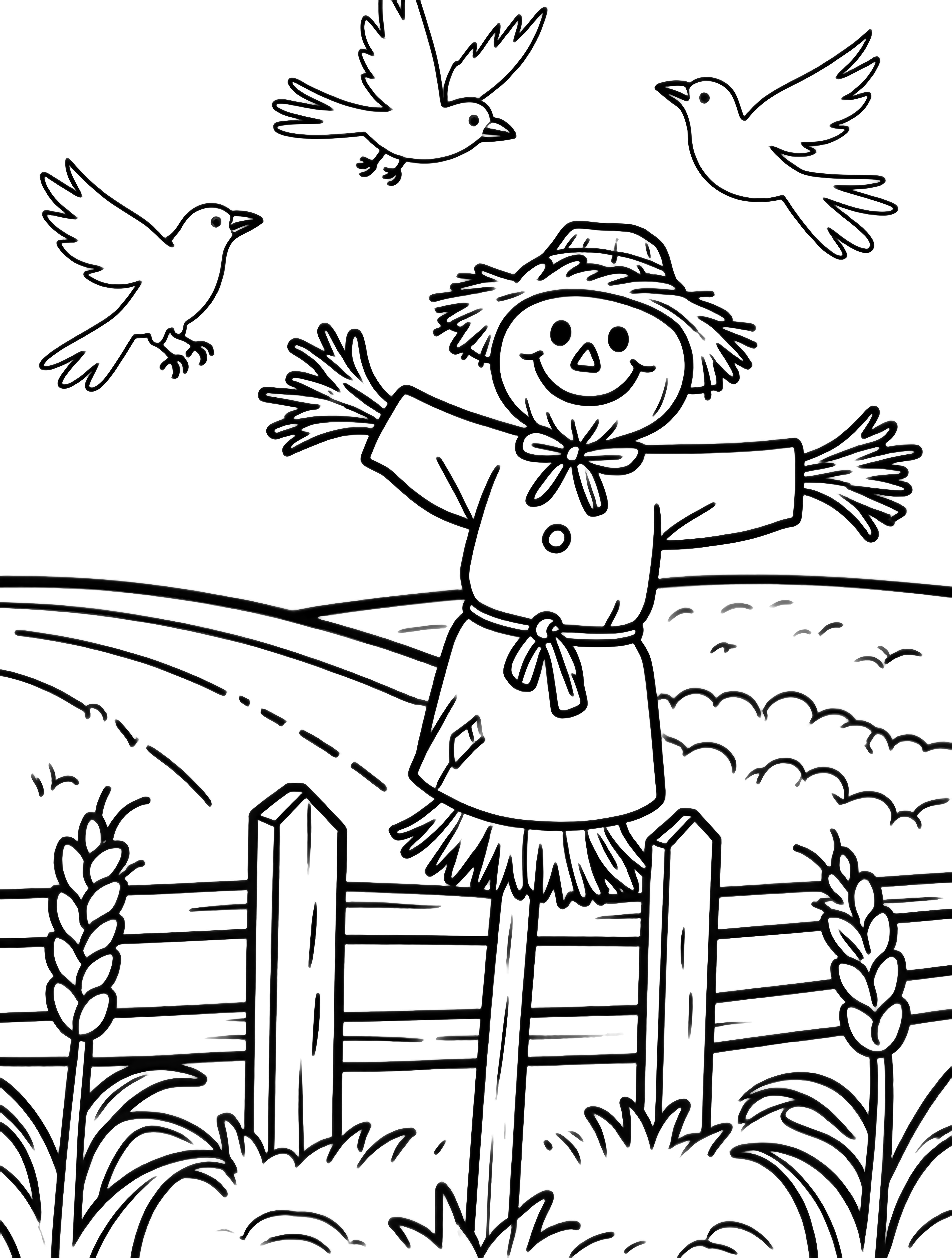 A friendly scarecrow waves from his post while three playful crows flutter above a fenced field of fluffy crops. kleurplaat