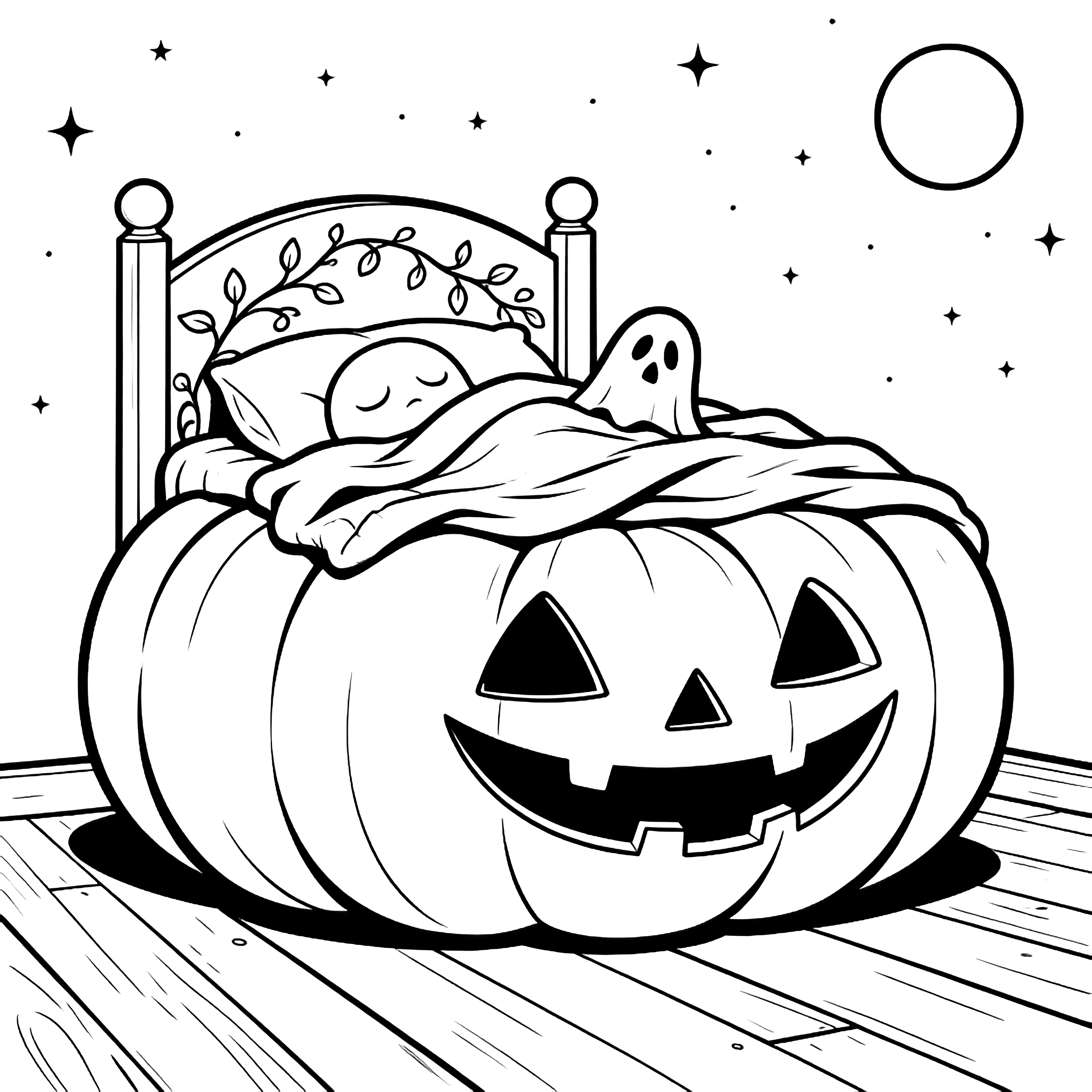 A plump pumpkin-bed with a wide grin, headboard of vines, rumpled quilt, tiny ghost-snout peeking from the sheet, closed eyes, gentle snores, plain floorboards, starless sky. kleurplaat
