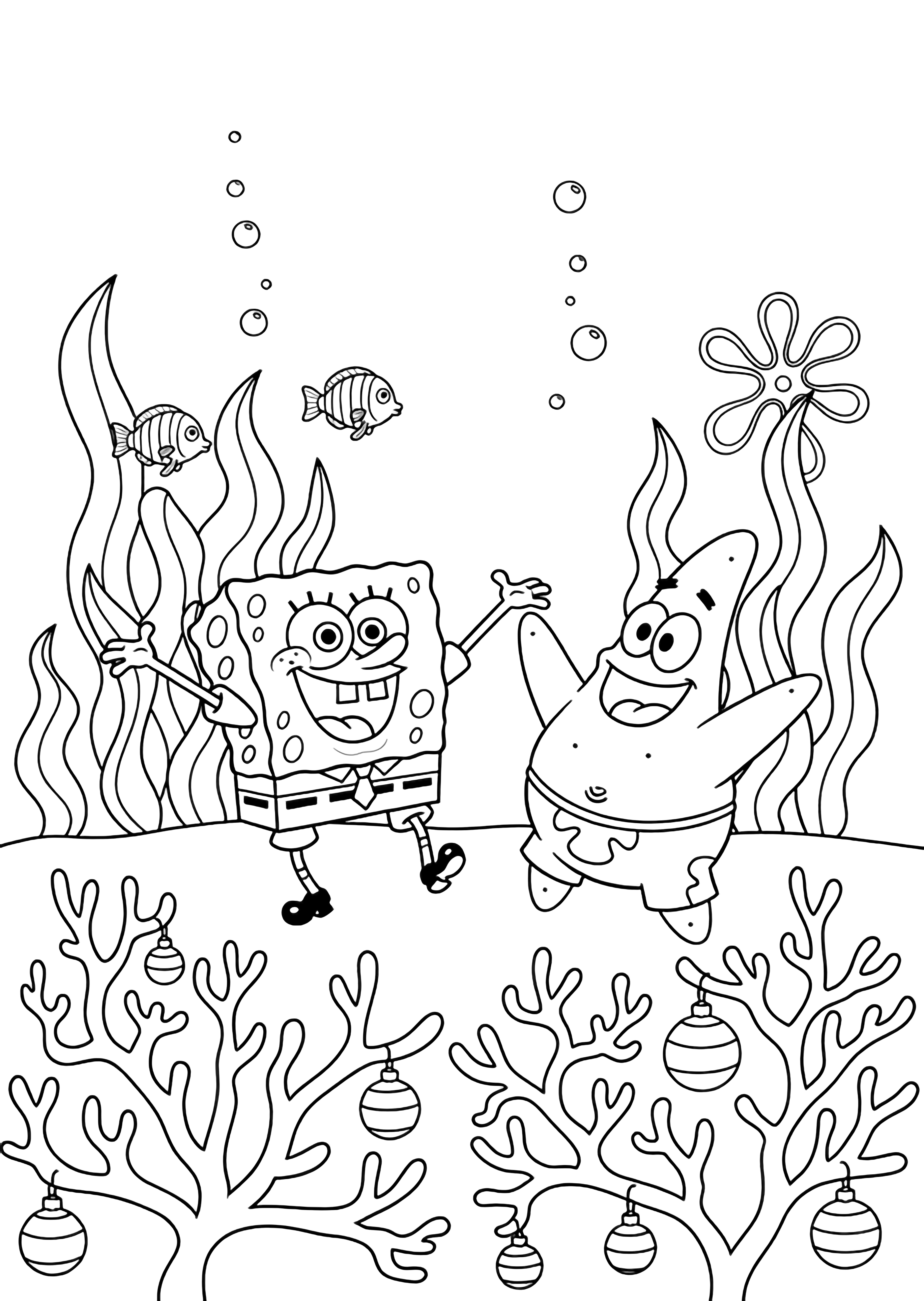 illustration on a SpongeBob and Patrick dance happily amid wavy seaweed; bare coral branches await ornaments; simple fish a tiny tree and drifting bubbles frame the cheerful scene for easy clean black kleurplaat