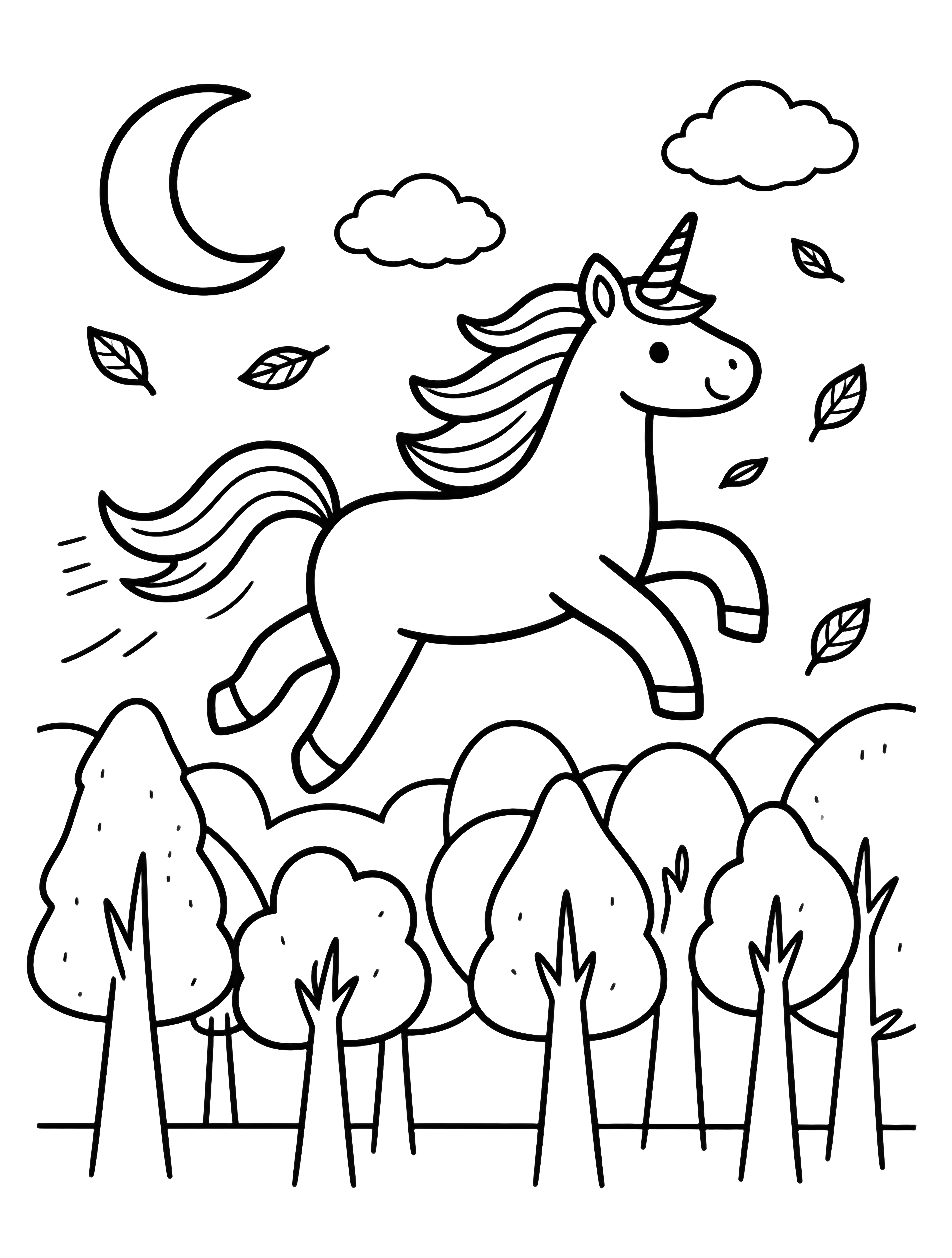 A smiling unicorn soars above a forest, its mane and tail streaming as clouds, a crescent moon and drifting leaves follow behind. kleurplaat