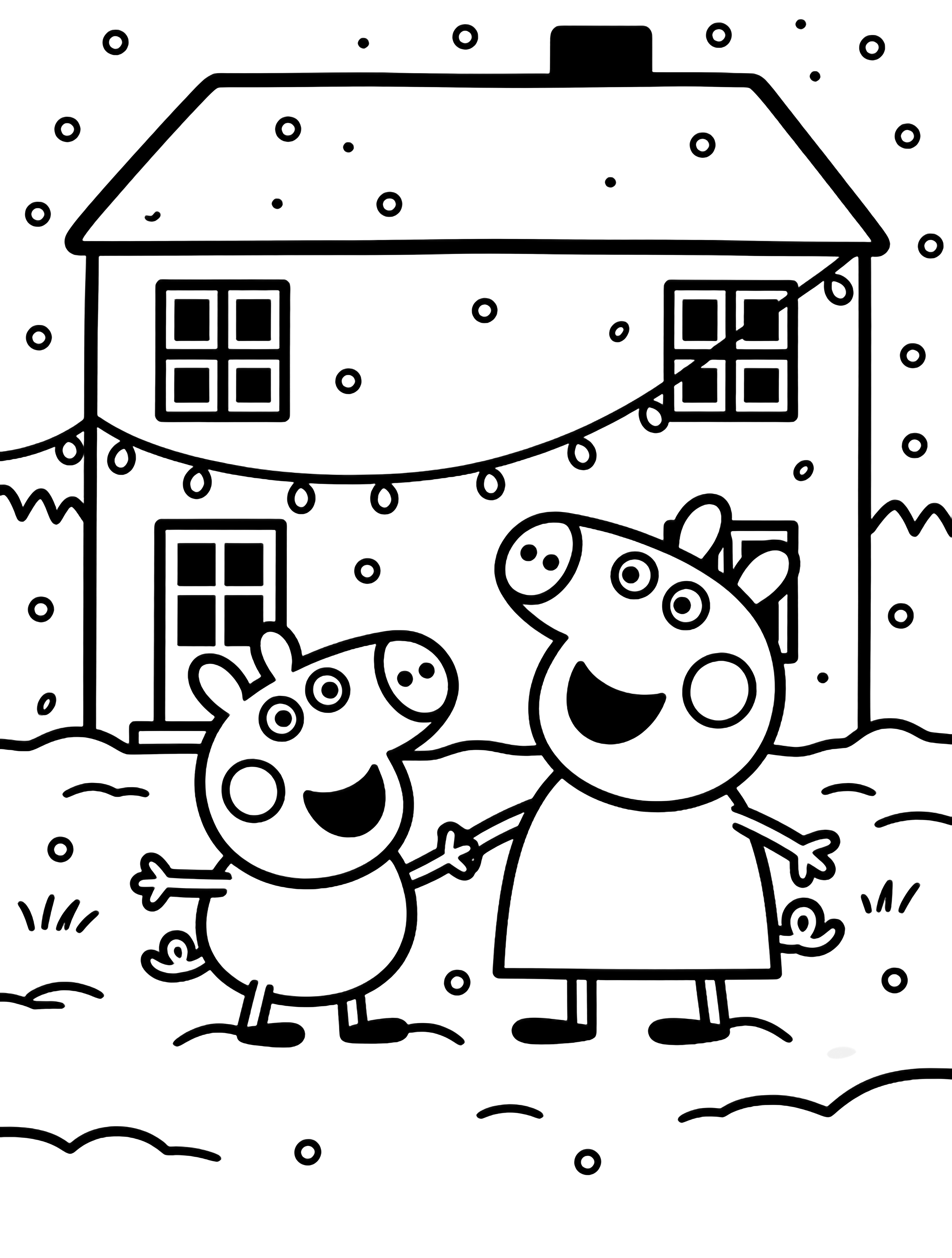 illustration on a Peppa and Suzy stand happily on a snowy lawn mouths open in song; behind them a two story house with empty window frames dangling string outlines of lights and drifting snowflakes all in simple bold black outlines on white clean black kleurplaat