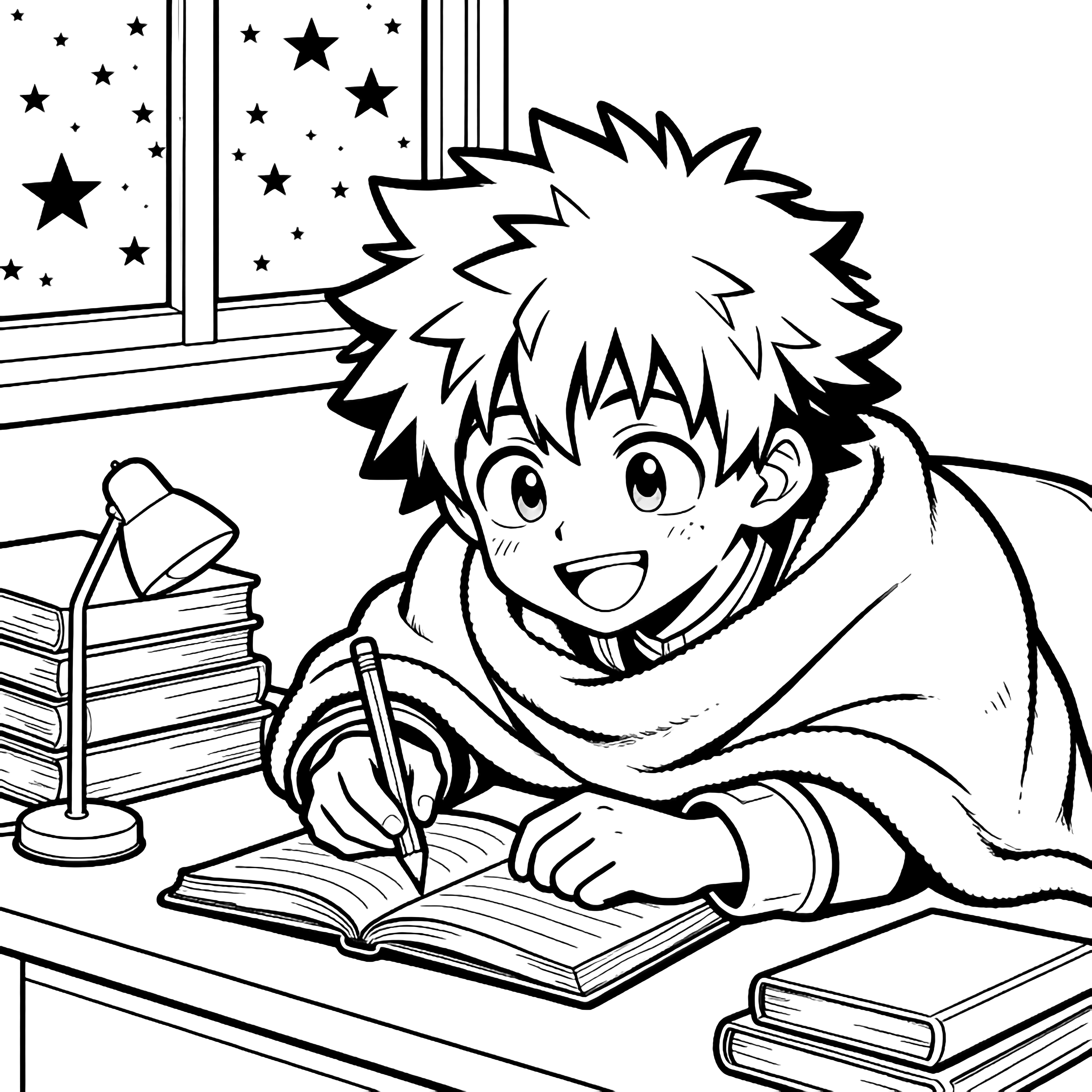 Deku hunches happily at a desk, blanket round shoulders, notebook open, pencil poised; books, lamp, starry window behind. kleurplaat