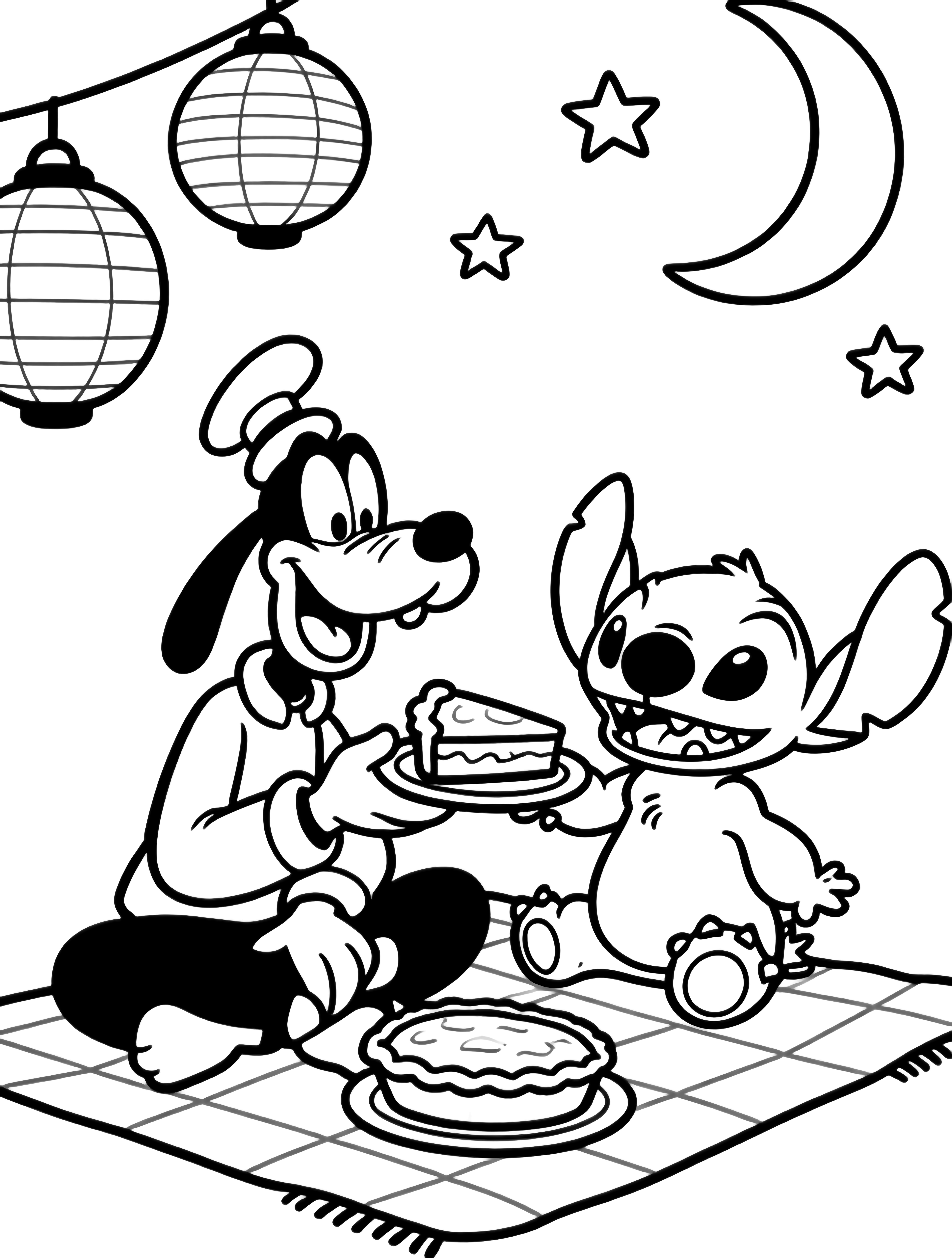 Goofy and Stitch sit cross-legged on a picnic blanket, sharing a pie slice beneath hanging lanterns, stars, and a crescent moon. kleurplaat