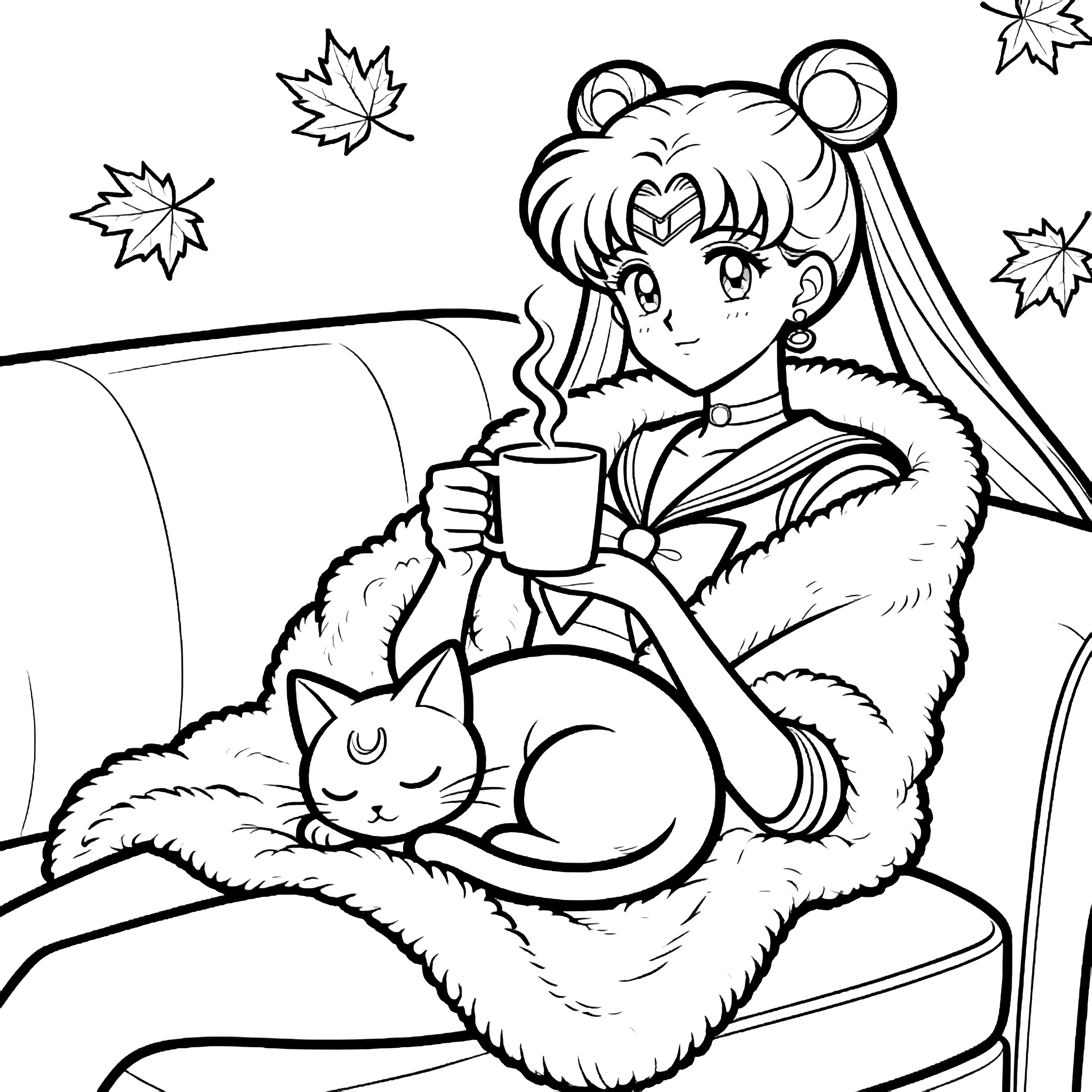 Sailor Moon reclines on a couch under a fuzzy blanket, cradling a steaming mug while Luna naps on her lap; maple leaves drift behind them. kleurplaat