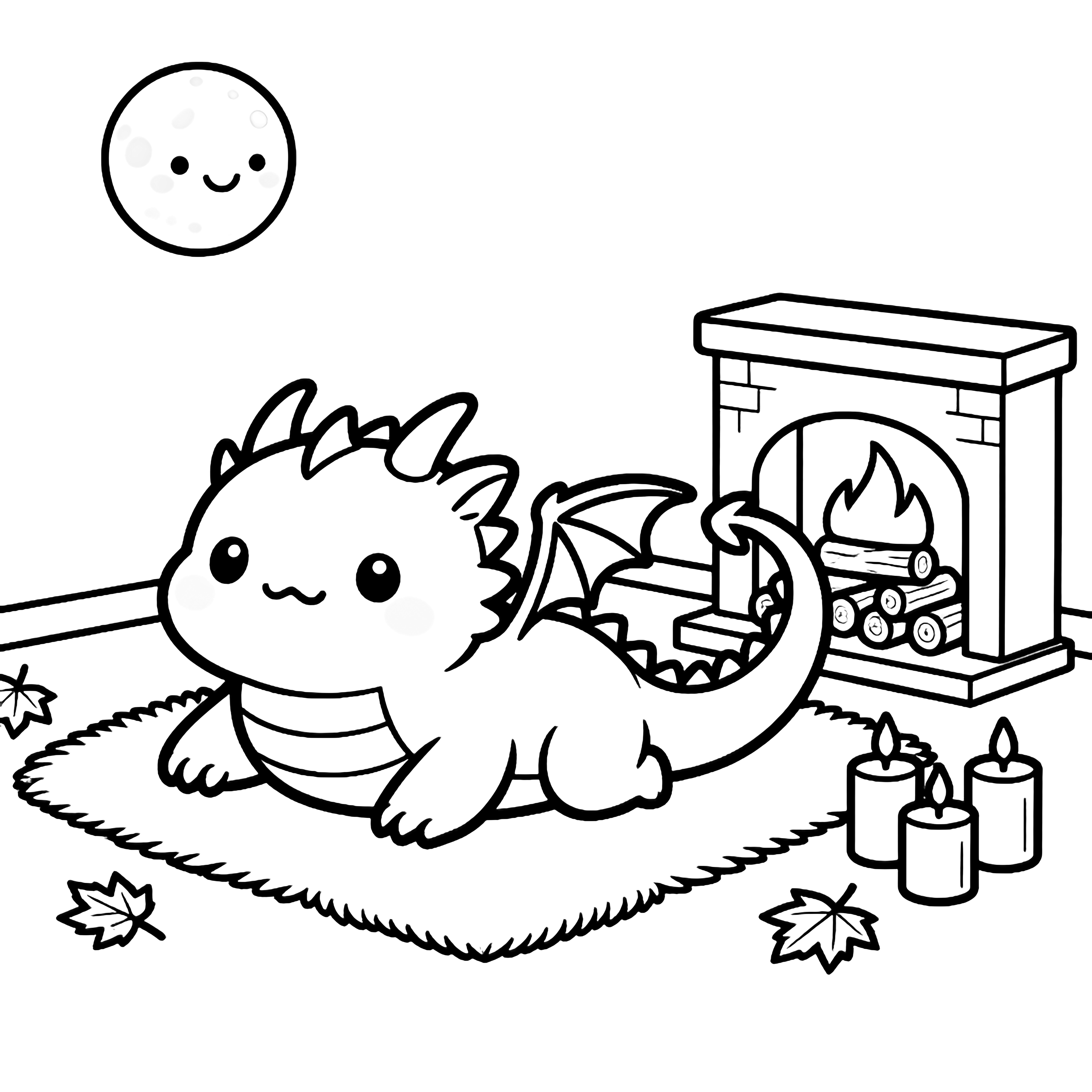 Chubby kawaii dragon sprawls on a fluffy rug, tail curling around a tiny fireplace with stacked logs; three stubby candles nearby, checkered floor, falling maple leaves, smiling moon. kleurplaat