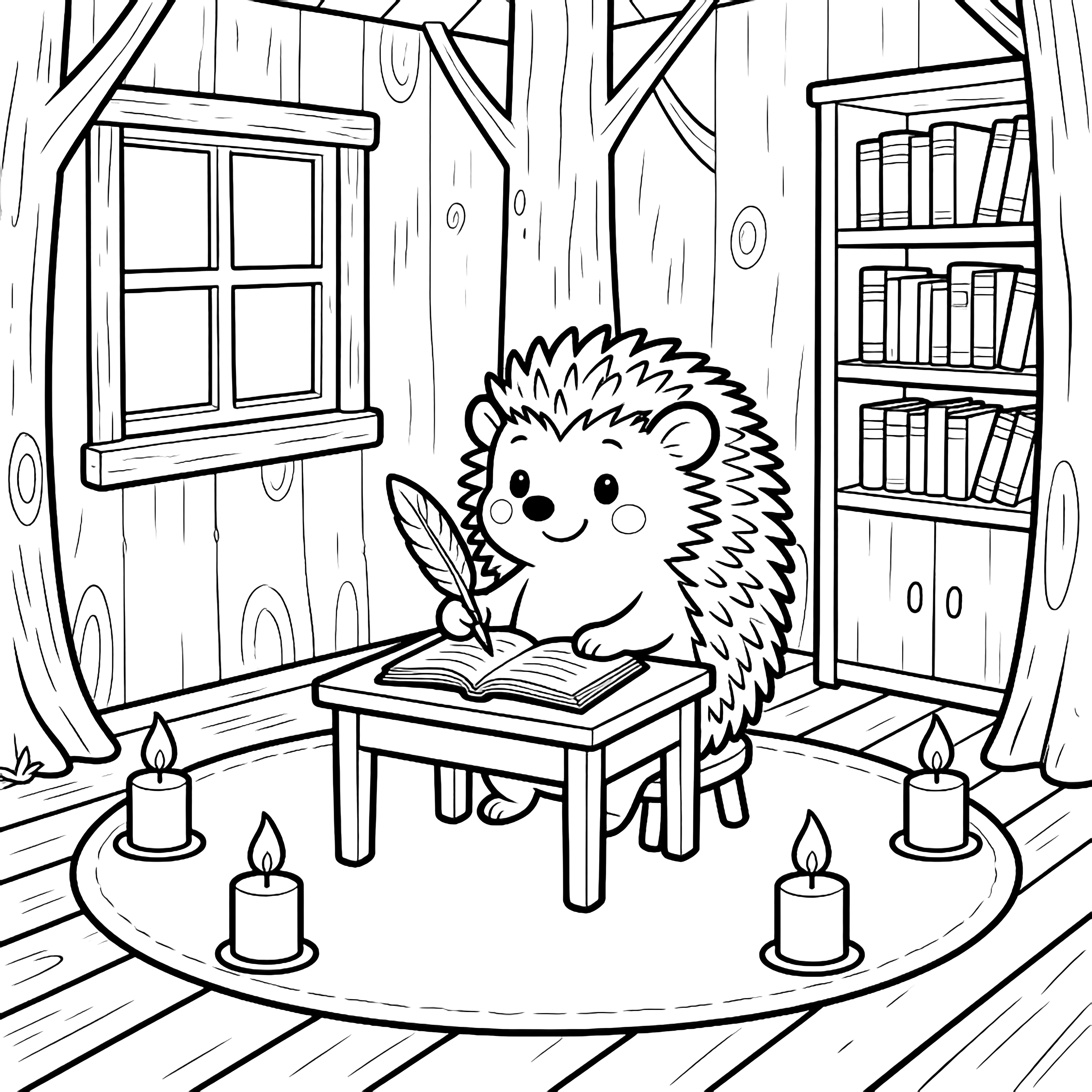 A cheerful hedgehog sits at a tiny desk, quill over an open journal, ringed by five lit candles in a cozy woodland room with window, bookshelf, and plank floor. kleurplaat