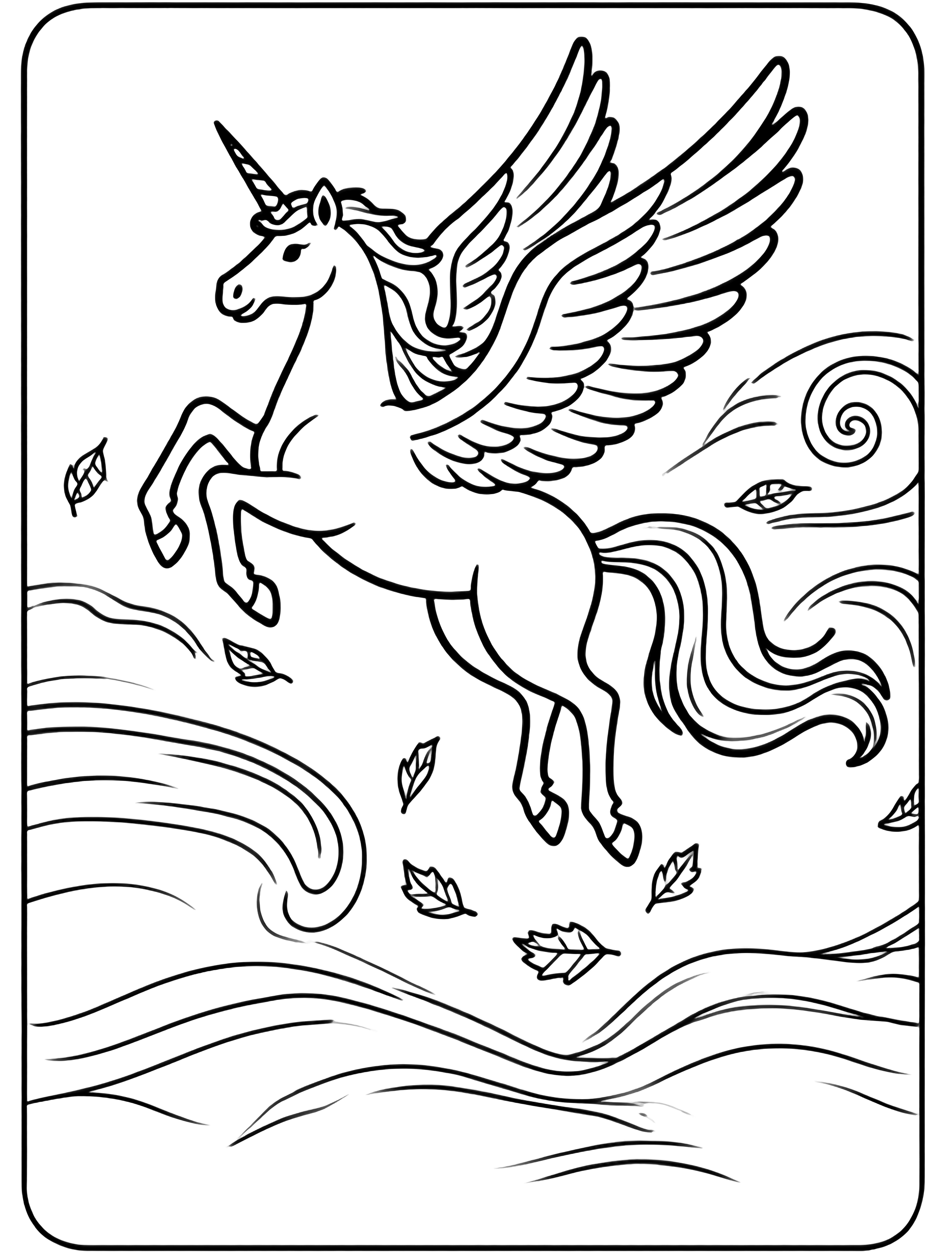 A pegasus pony glides above pine trees, wind swirling around its wings as autumn leaves spiral through the air. kleurplaat