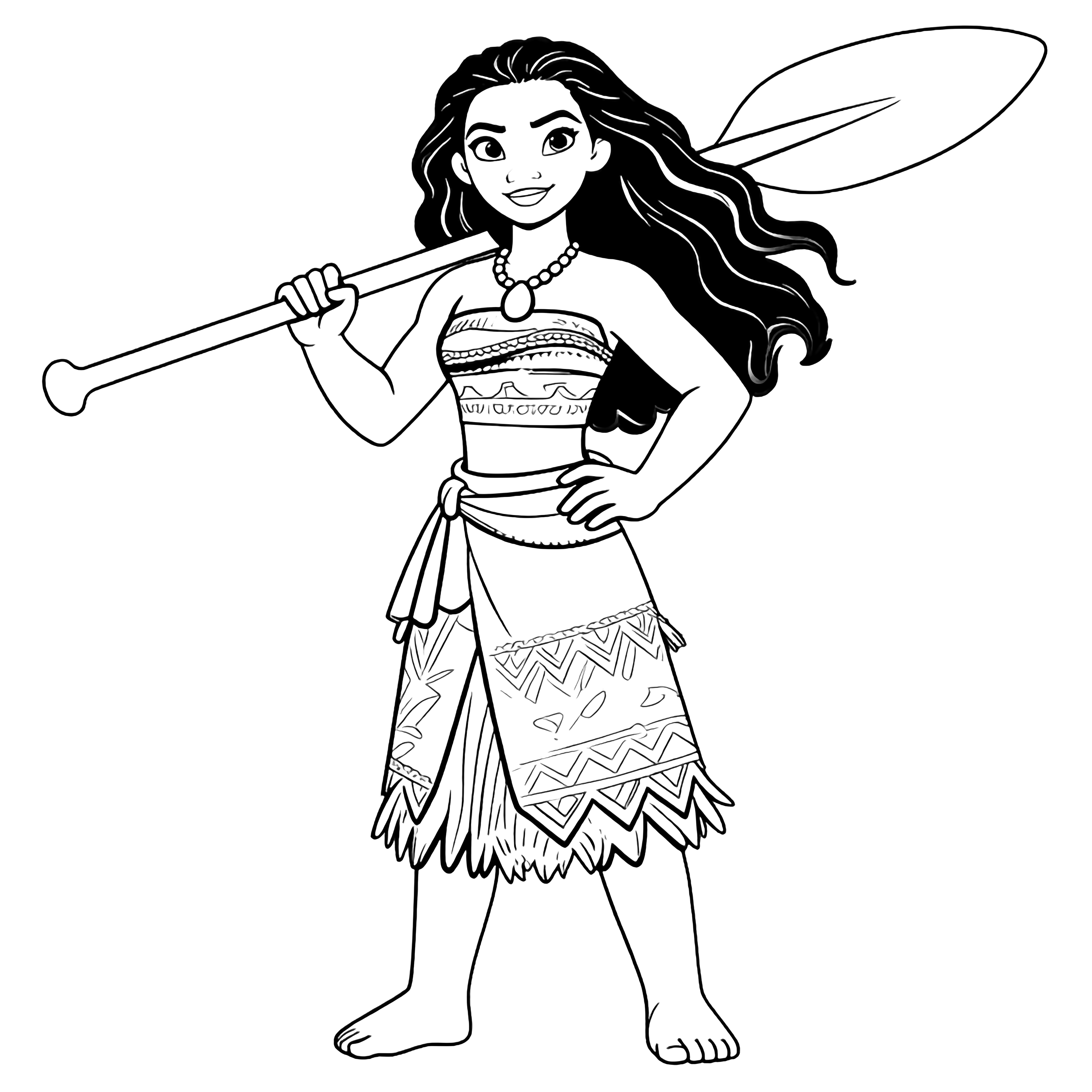 Moana stands with feet apart, one hand on her hip, the other resting an oar across her shoulder; her hair flows and a simple necklace adorns her neck. kleurplaat