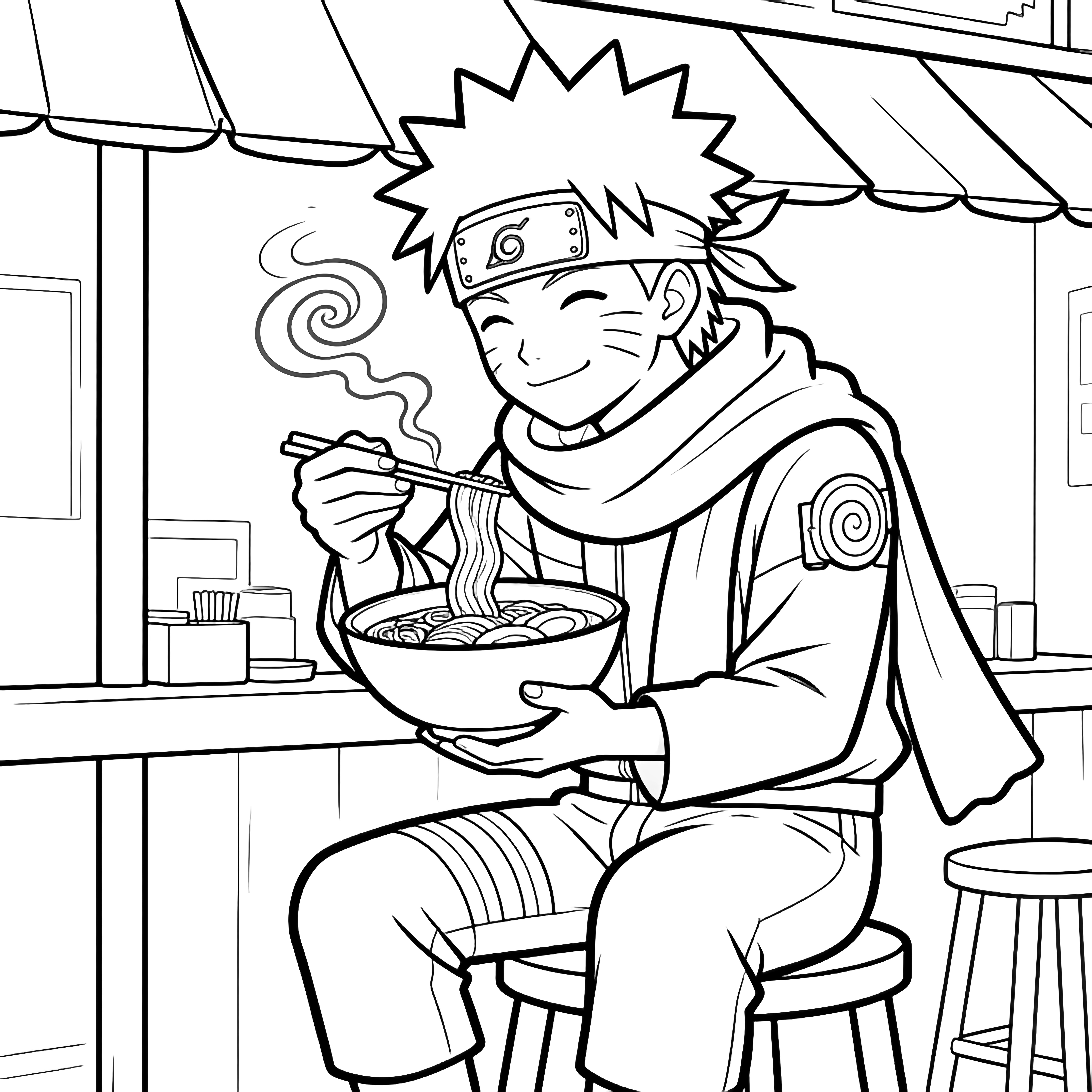 Naruto, seated on a ramen-shop stool, slurps noodles while a loose scarf drapes his neck; spiral steam curls above the bowl beneath a simple awning. kleurplaat