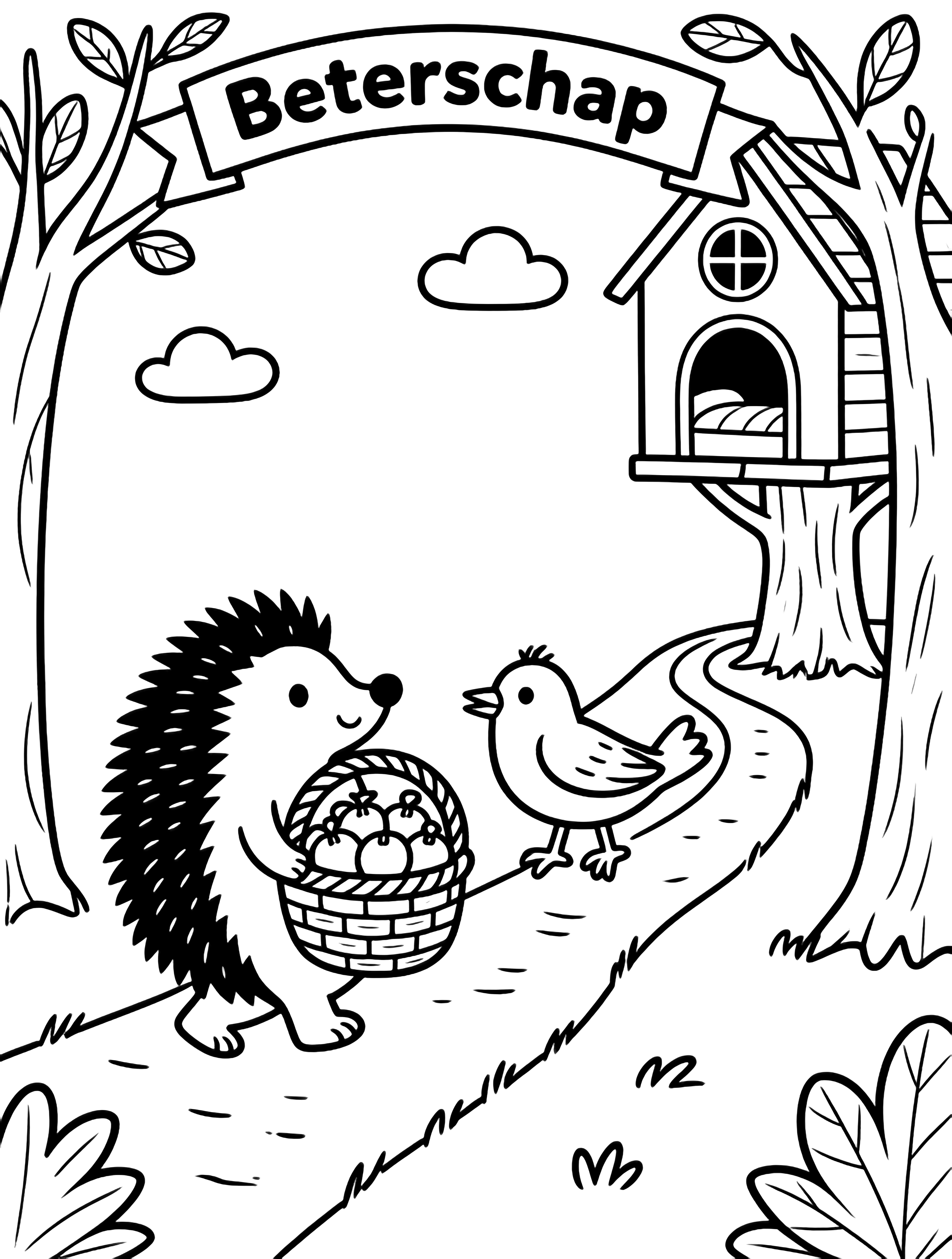 A rabbit, hedgehog and bird tote baskets of fruit along a path to a cozy tree-house bed, framed by leafy trees, simple clouds and a "Beterschap" banner overhead. kleurplaat