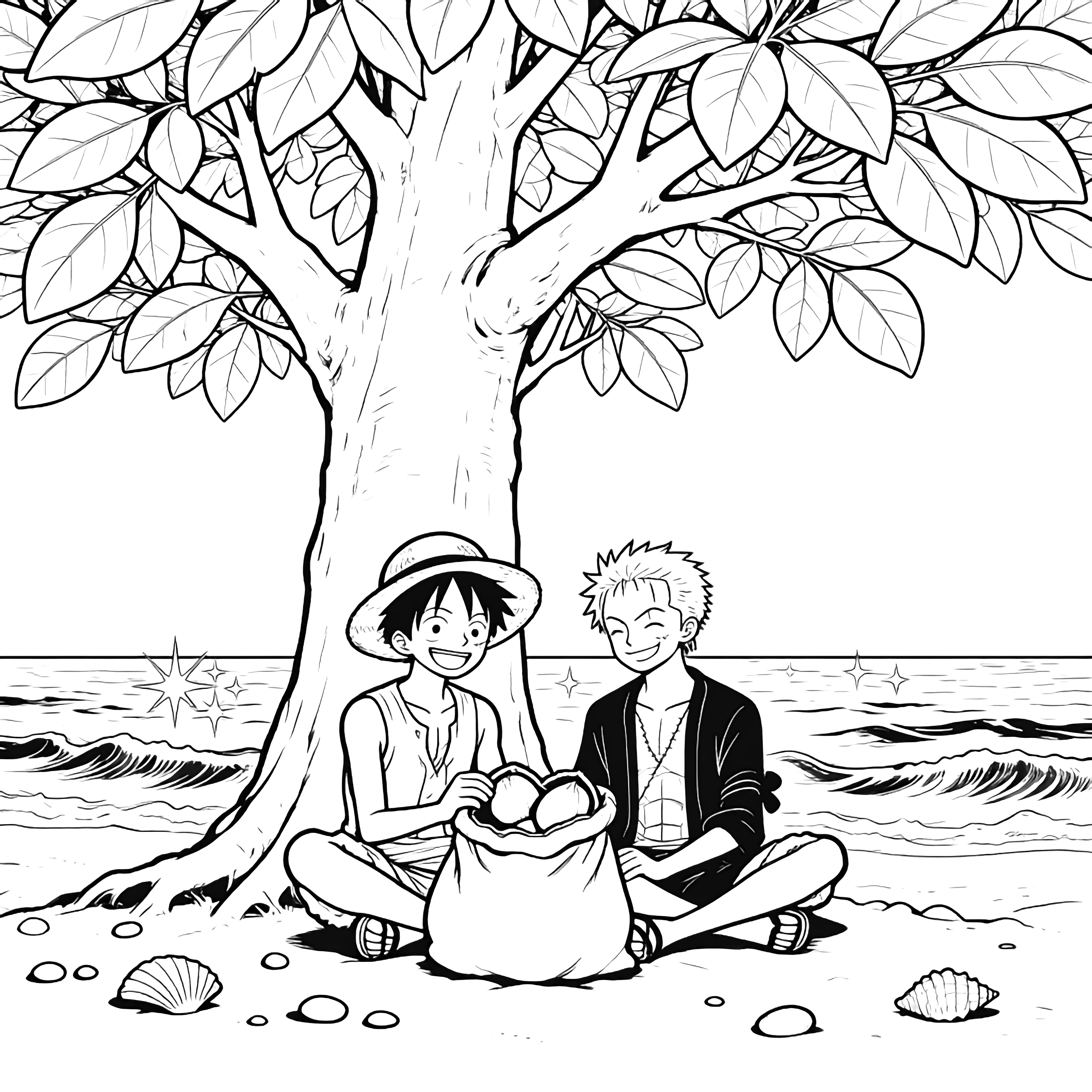 Luffy en Zoro zitten met gekruiste benen onder een boom aan de kust, delen een open zak en glimlachen; golvende zee, schelpen en kiezels op het zand achter hen. kleurplaat
