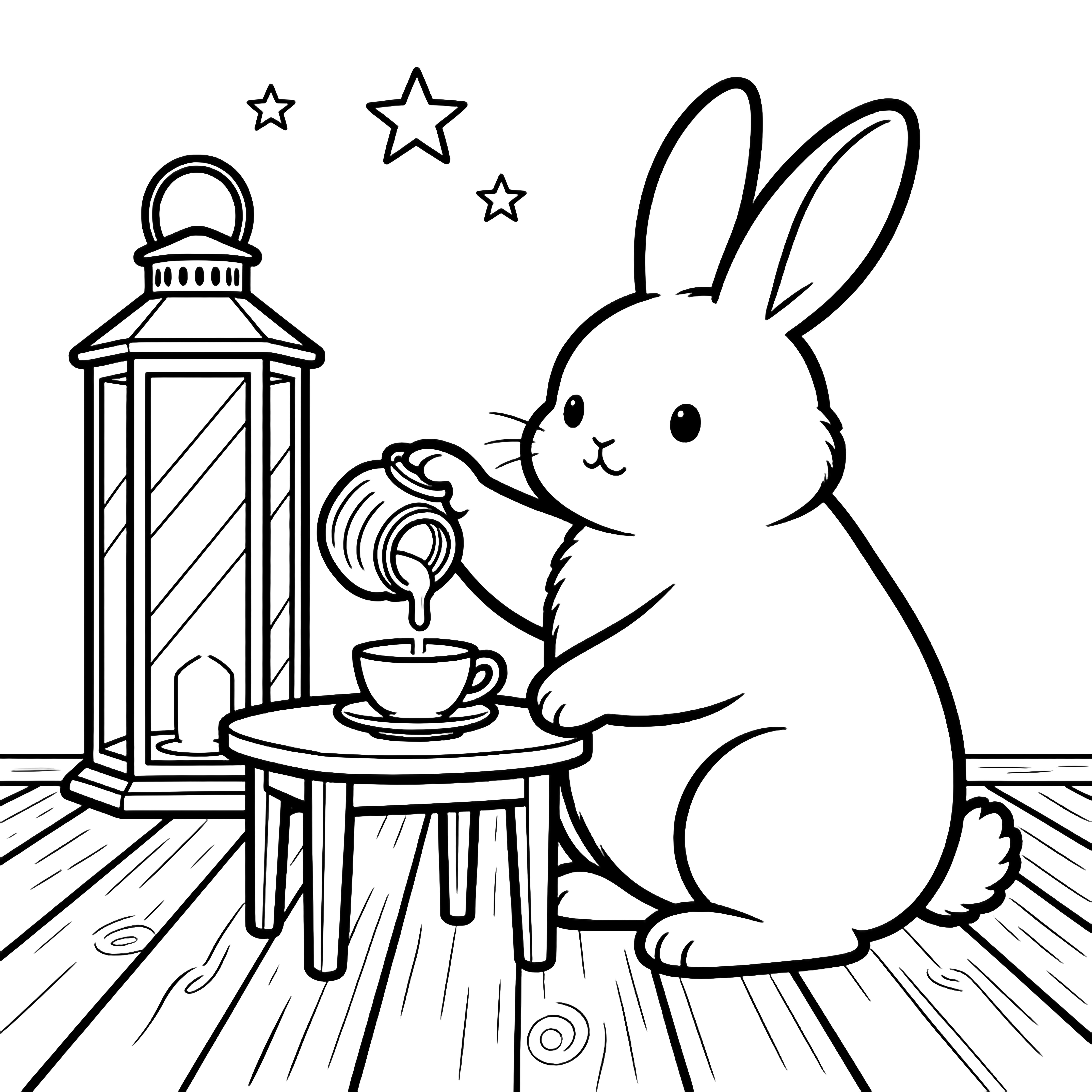 Plump bunny tipping honey into a teacup on a tiny table, lantern behind, wooden floorboards, a few stars above. kleurplaat