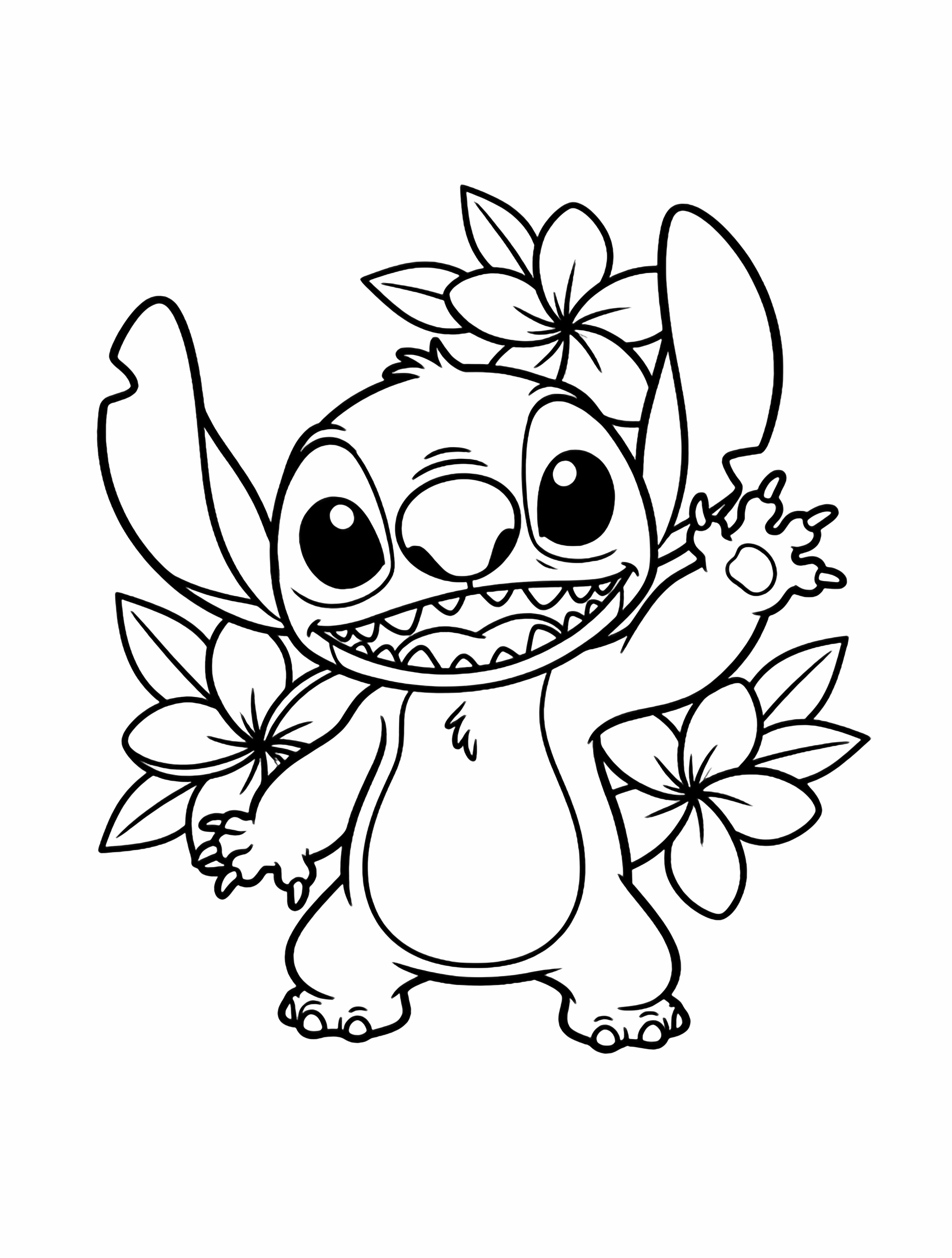 Stitch, half tot de middel, linkervoorpoot zwaaiend, brede grijns, drie plumeria's op de achtergrond kleurplaat