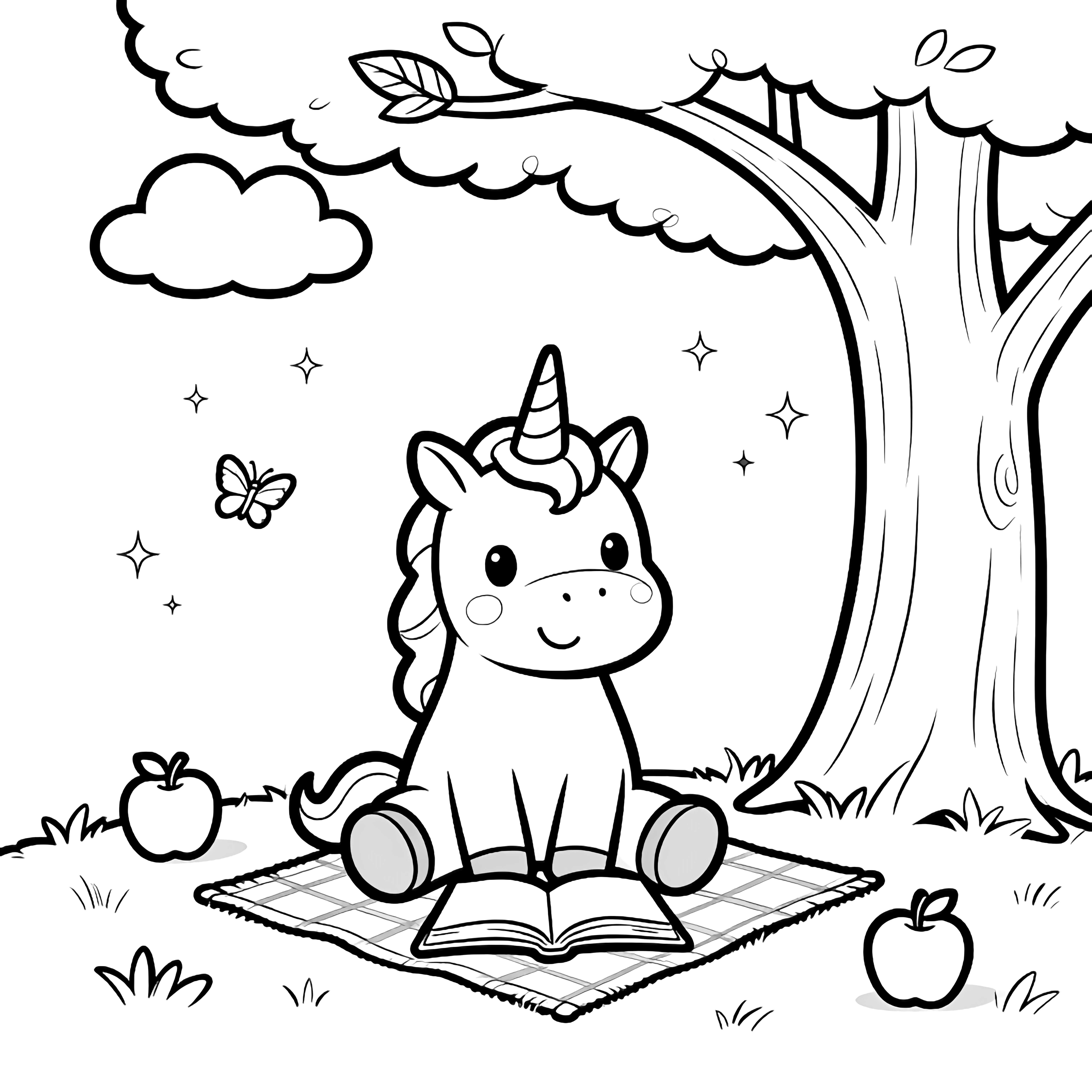 A smiling unicorn sits on a picnic blanket reading a book beneath a leafy tree, with apples, a butterfly, and sparkles around. kleurplaat