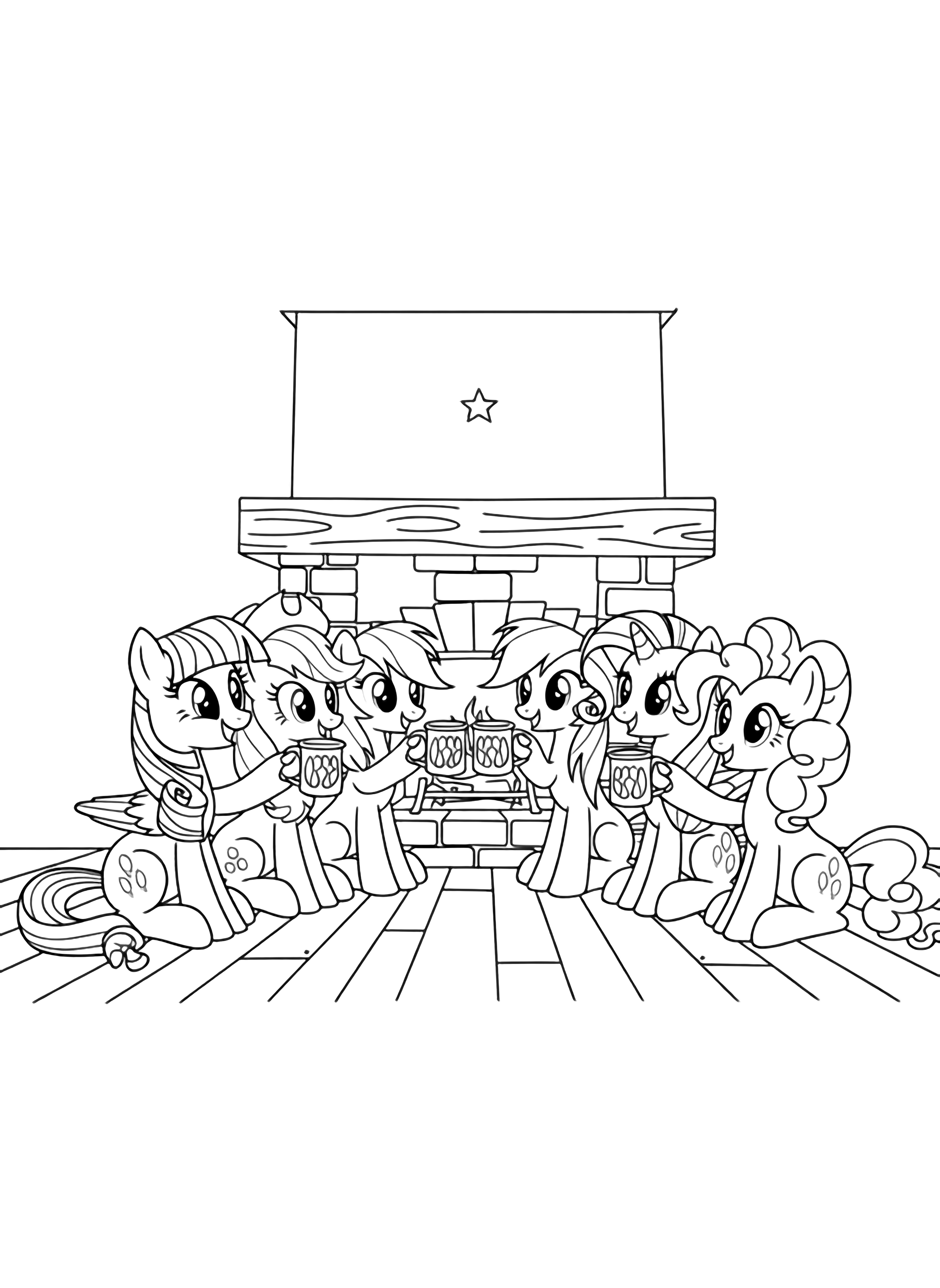 Six ponies sit in a semicircle around a brick fireplace, smiling and raising mugs; a star hangs above the mantel on a wooden floor. kleurplaat