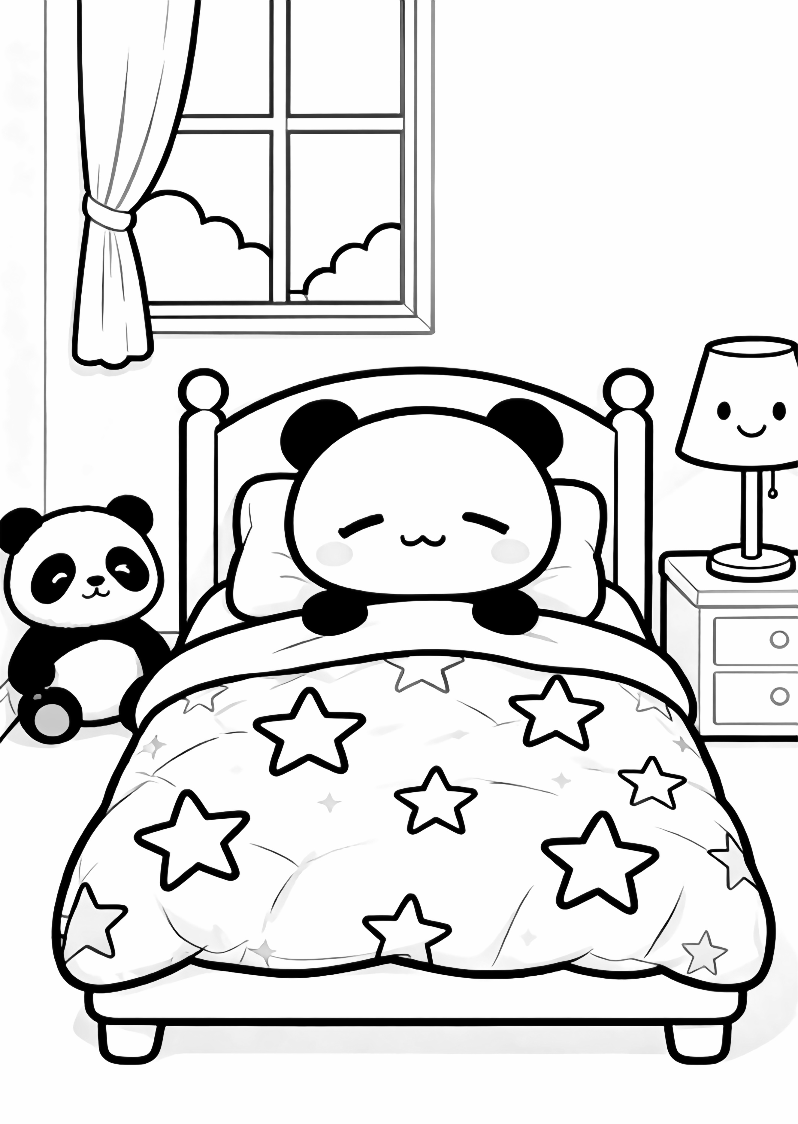 Chibi bed with winking star quilt, cheerful panda plush, cloud-shaped window, smiling lamp kleurplaat