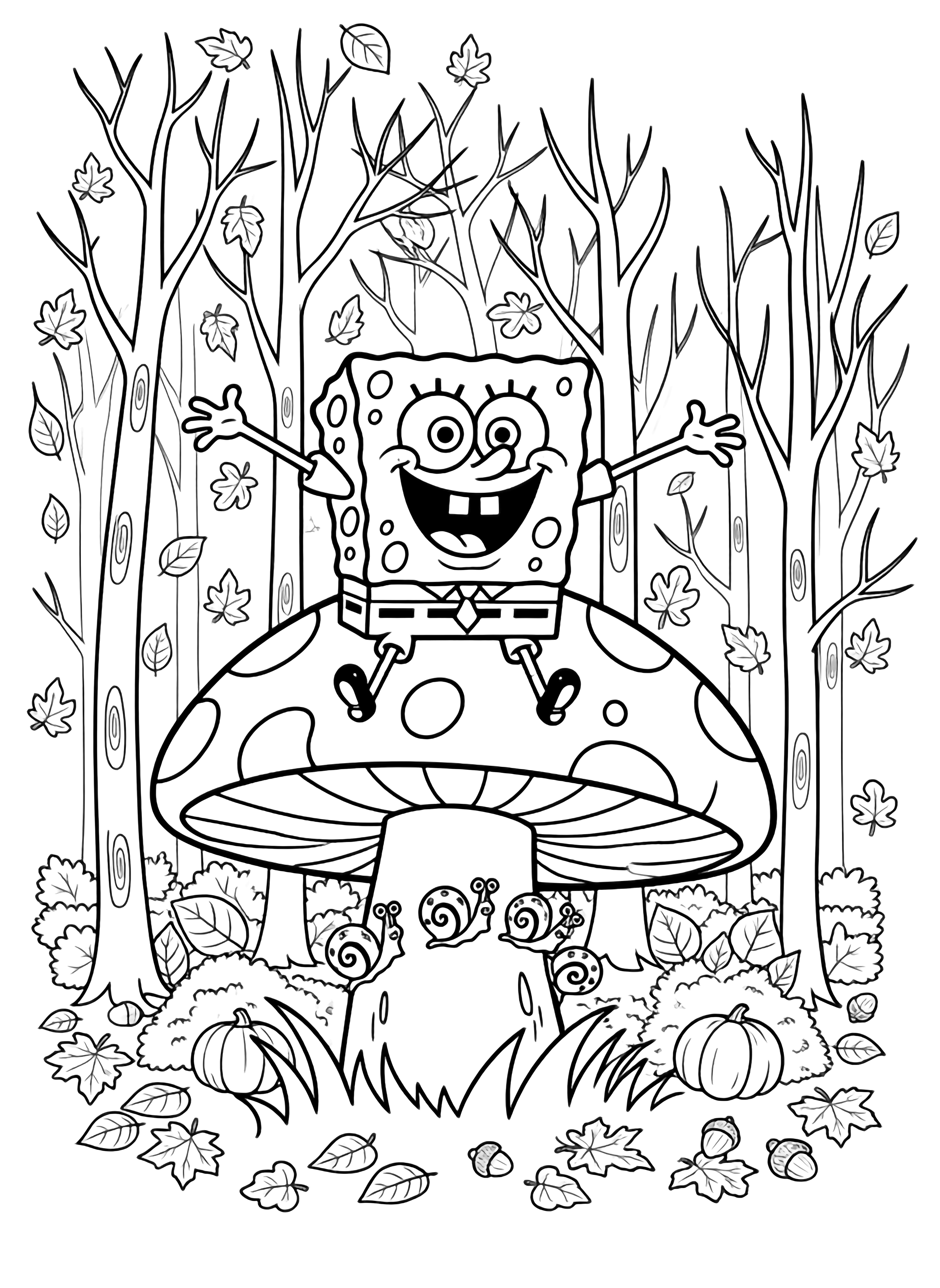 SpongeBob sits smiling on a giant mushroom cap, eyes open, arms wide; tiny snails circle the stem below; simple grass lines and a smiling sun complete the scene. kleurplaat