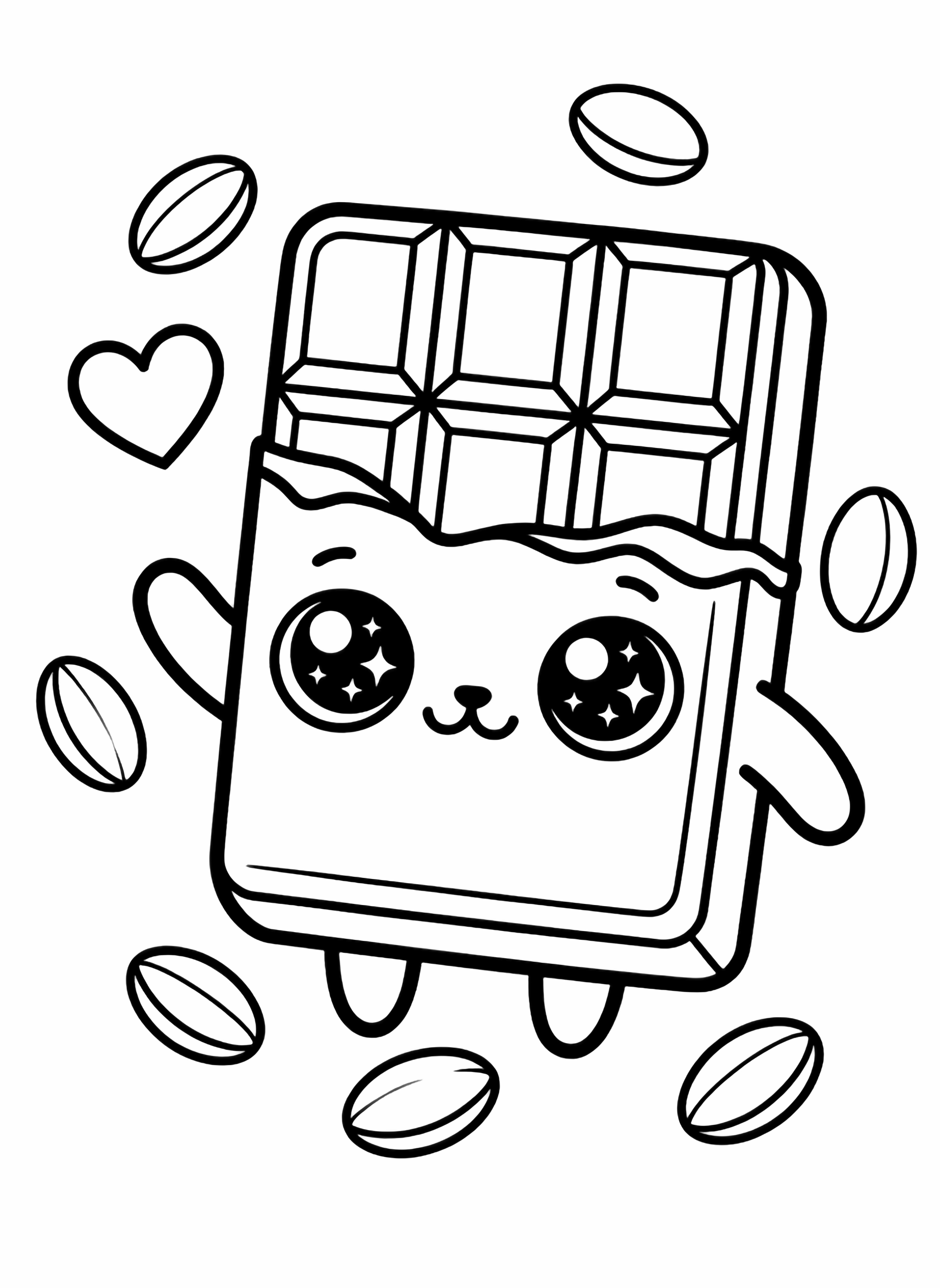 Choco-chan, a kawaii chocolate bar with big sparkling eyes, tiny cat mouth, stubby limbs, waving, heart floating nearby kleurplaat