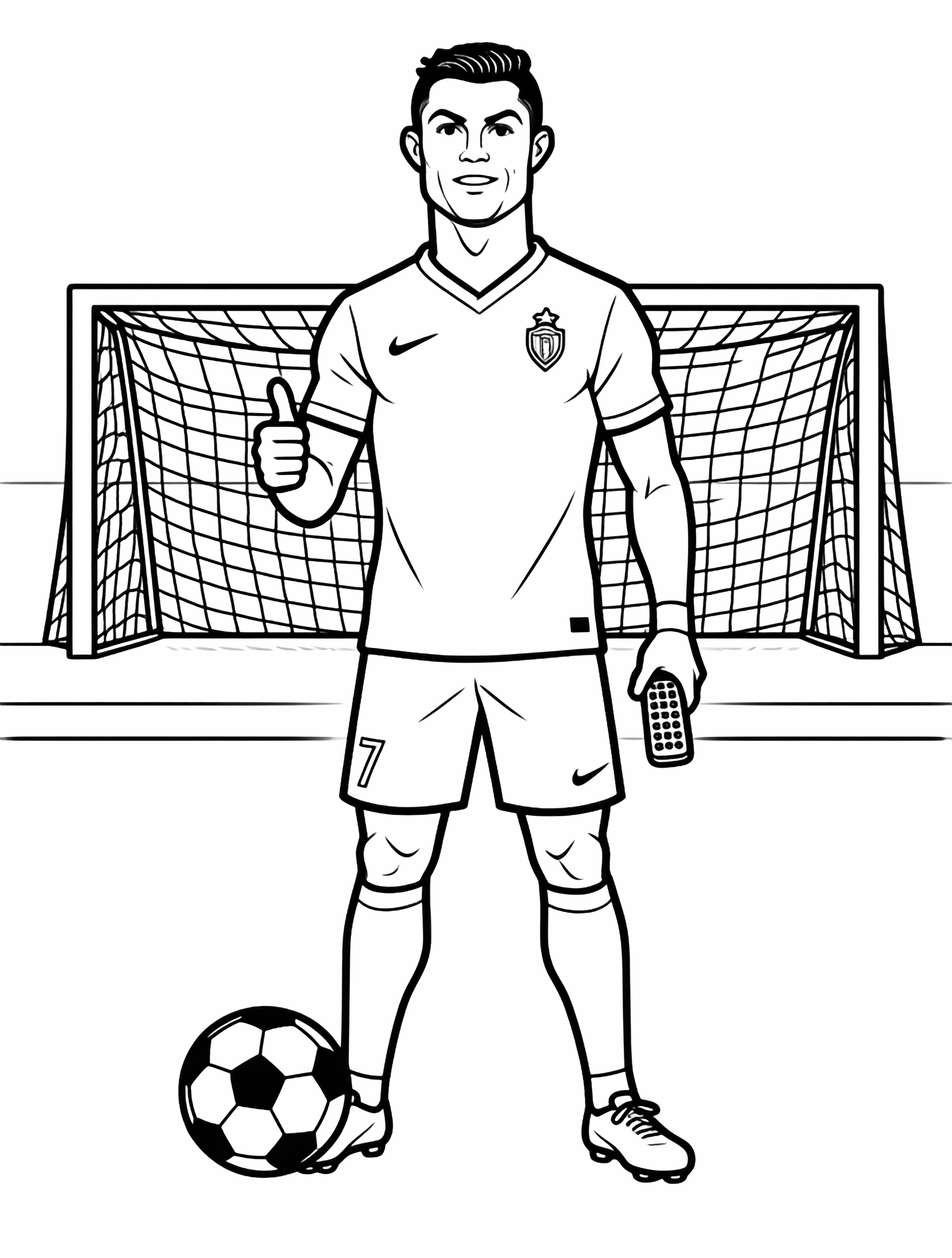 Cristiano Ronaldo in blank CR7 kit, relaxed pose, holding TV remote, giving thumbs-up, soccer ball at feet, plain backdrop. kleurplaat