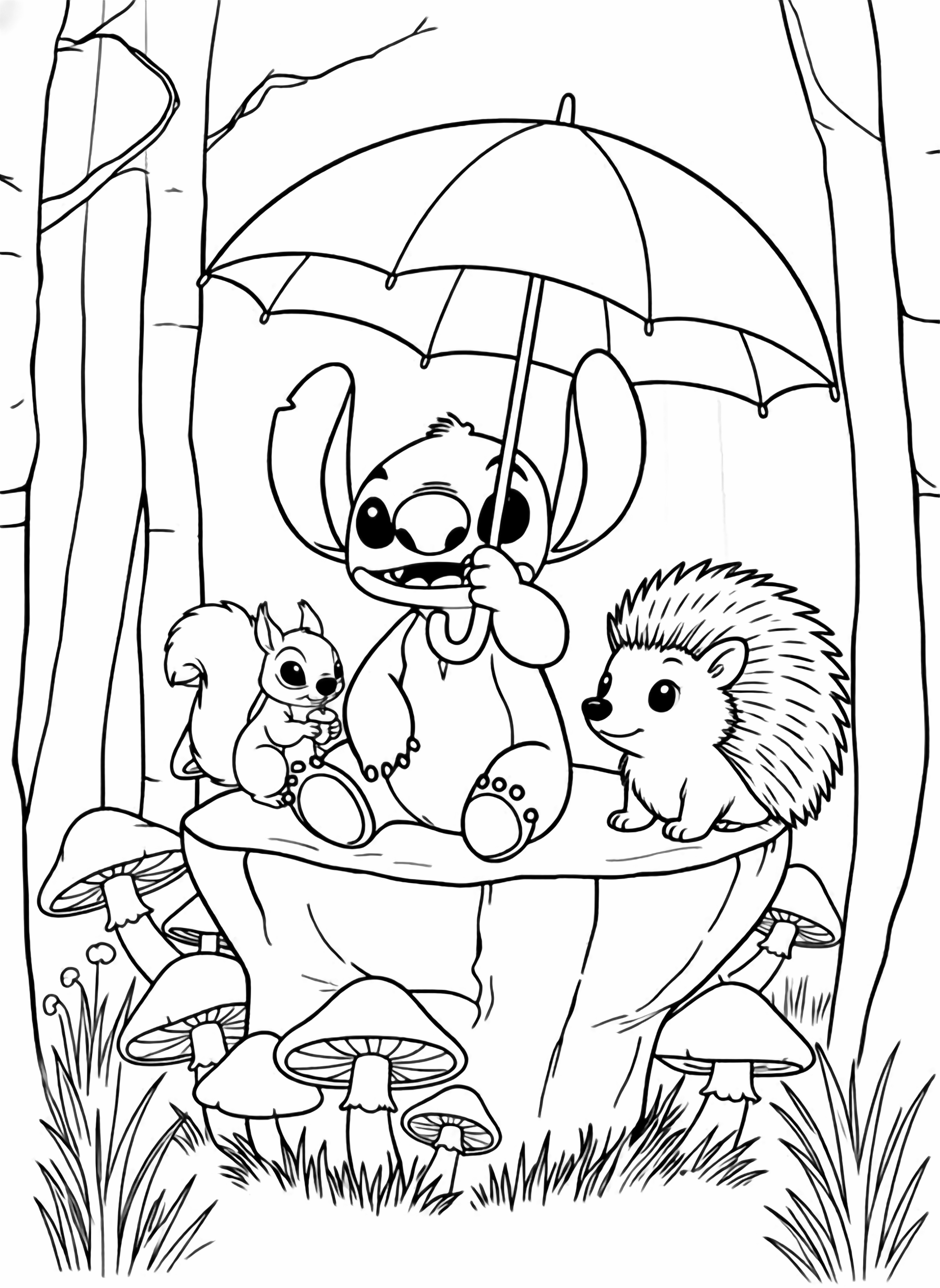 Stitch zit op een grote paddenstoel in het bos met een paar kleine dierenvriendjes die vrolijk dansen clean black and white line drawing minimal shading no colour no fill kleurplaat