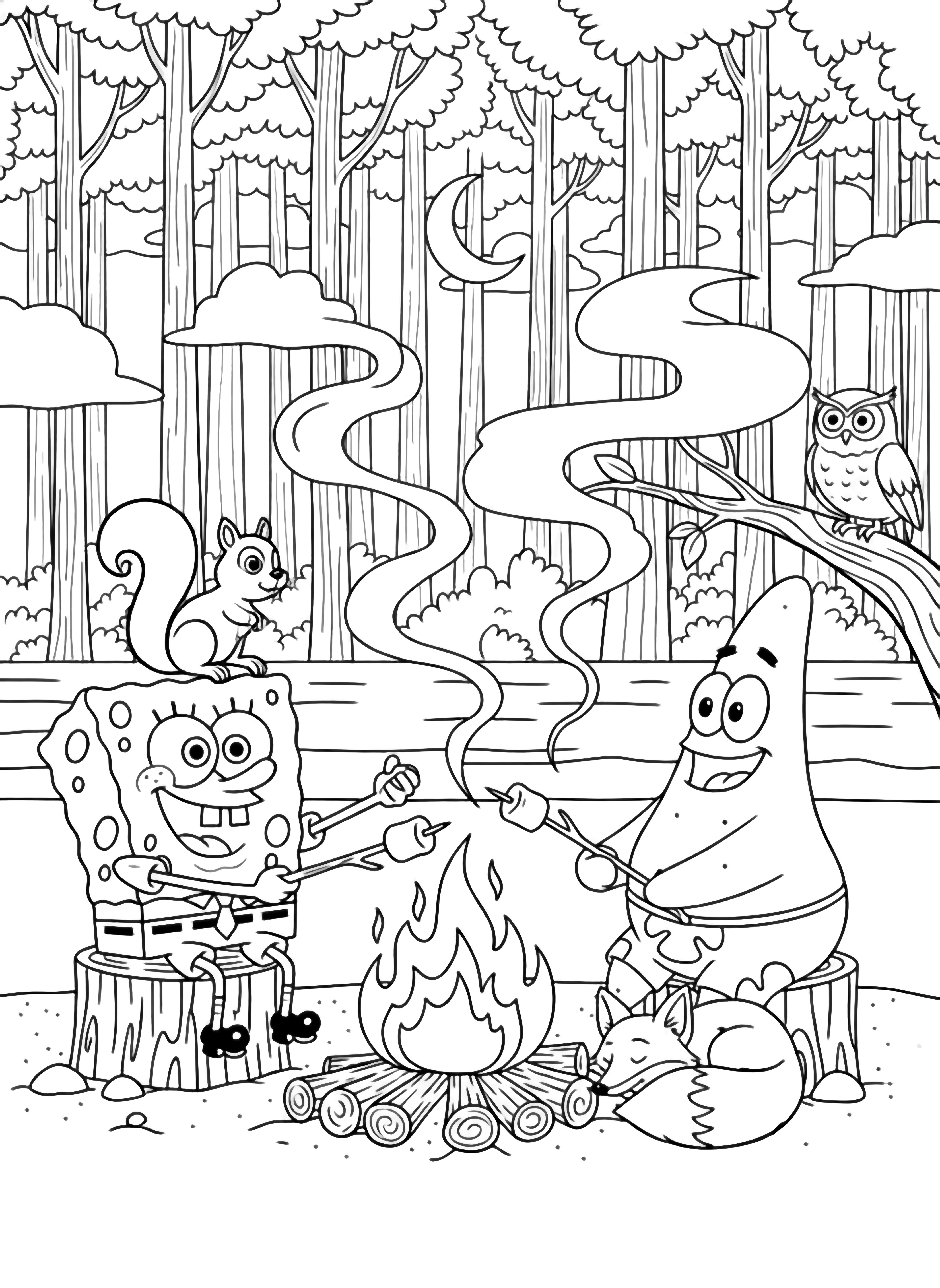 SpongeBob and Patrick sit on log stools beside a campfire roasting marshmallows; a squirrel perches on SpongeBob's head, wavy smoke drifts up, a crescent moon hangs over a calm ocean horizon. kleurplaat