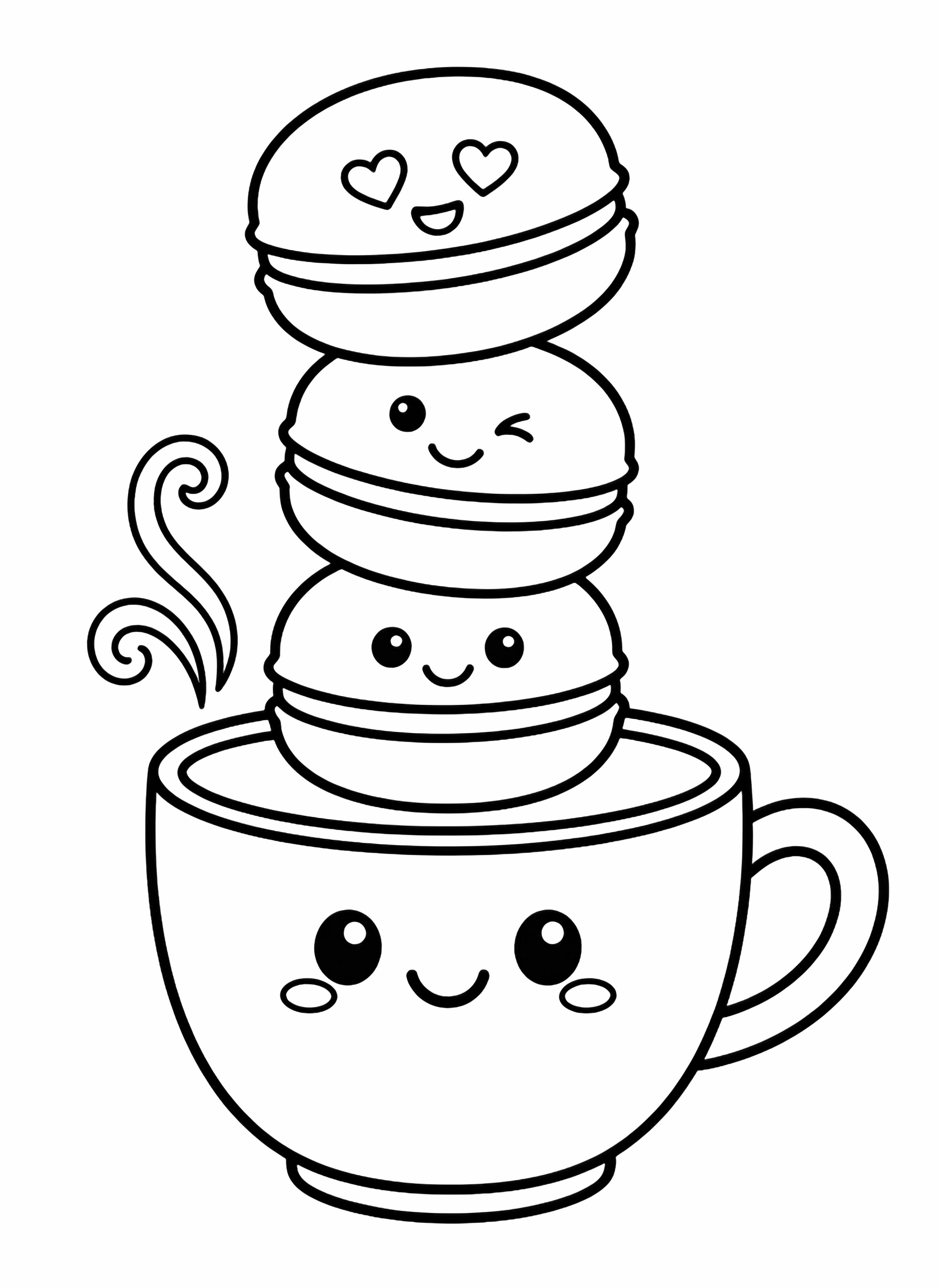 Three kawaii macarons-smiling, winking, heart-eyed-stacked on an oversized teacup, simple steam curls above, centered on blank ground. kleurplaat